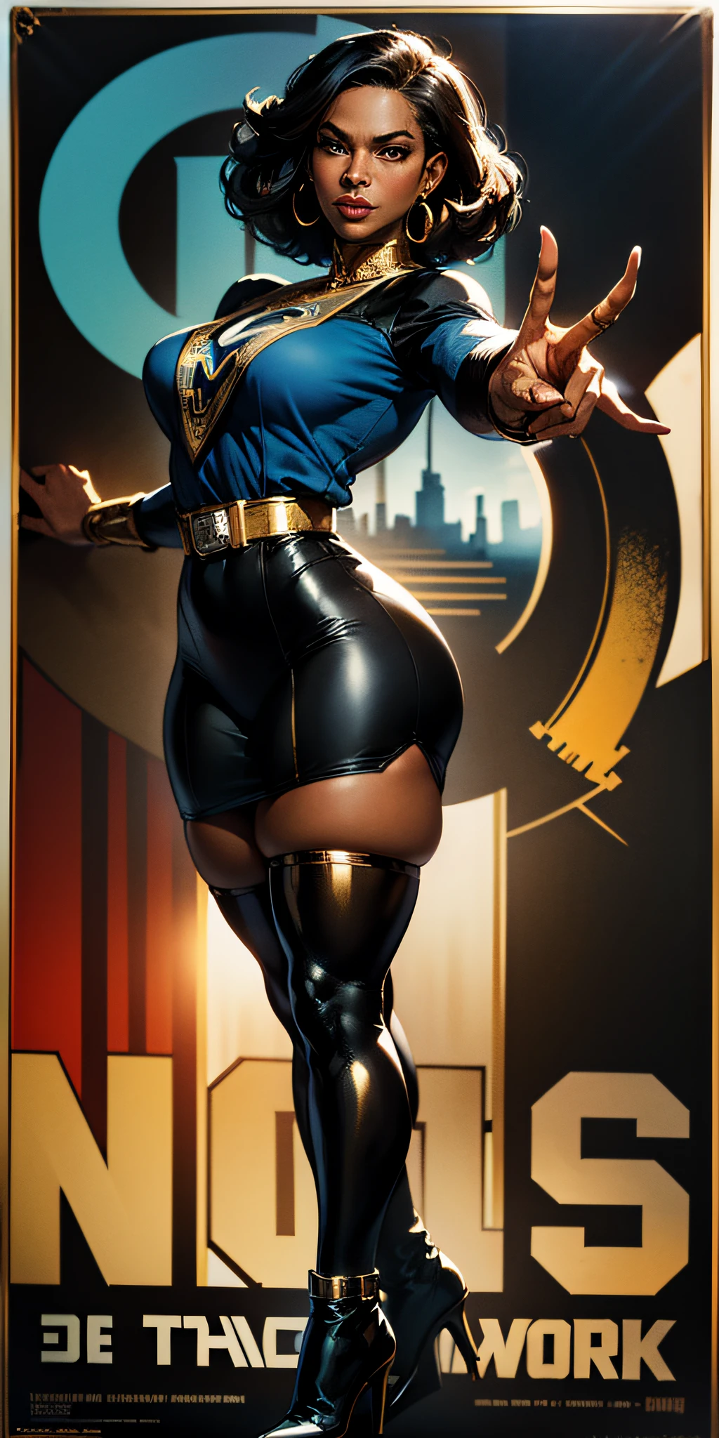 A woman with black skin and black power black hair in superhero pose, American World War II poster, Gil Elvgren style, WLOP, Artgerm ((Poster style)) ((detailed outfit entirely white with gold)) (city in the background) ((woman with open hands pointed forward)) detailed clothing, magical symbols, 1 girl, solo, body fitness, poster design, poster art style. 1980s, 1950s, 1960s, 1940s, basic color scheme, very colorful poster, colorful art, third rule, dynamic pose, woman, 1 25-year-old girl, looking at the viewer, blurred background, thick legs, brown eyes.