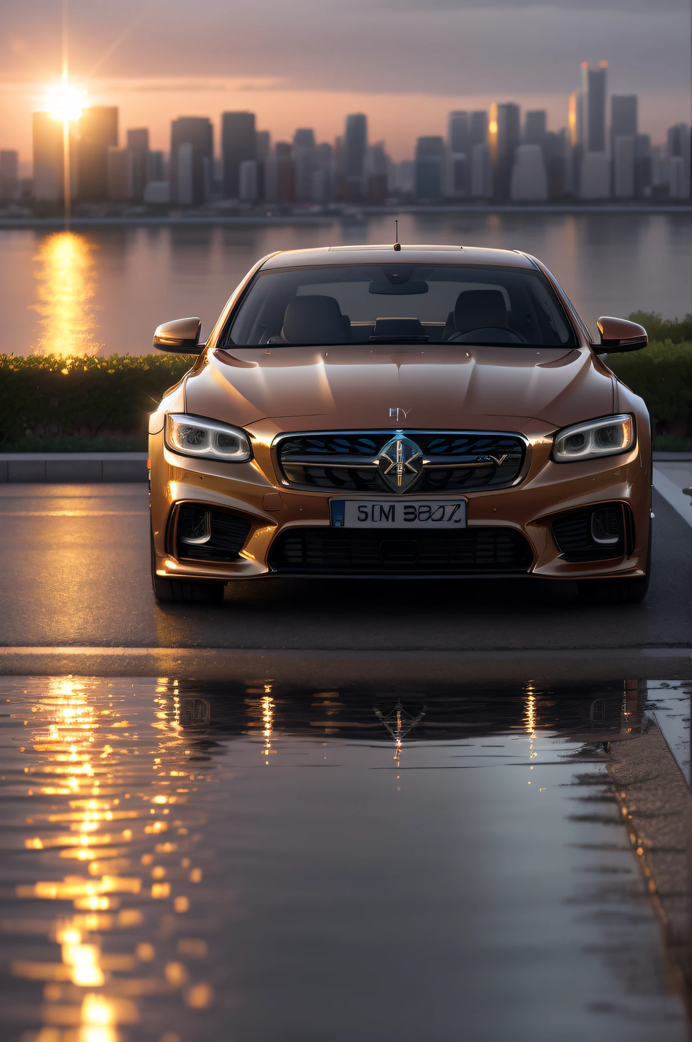 low angle, professional photo of a luxury sedan, water reflection, sunset, city in the background, road, bokeh, (light shot:1.5), (hi key:1.5), cinematic, fine details, 8k, (ambient lighting:1.3), (ArtStation:1.3)