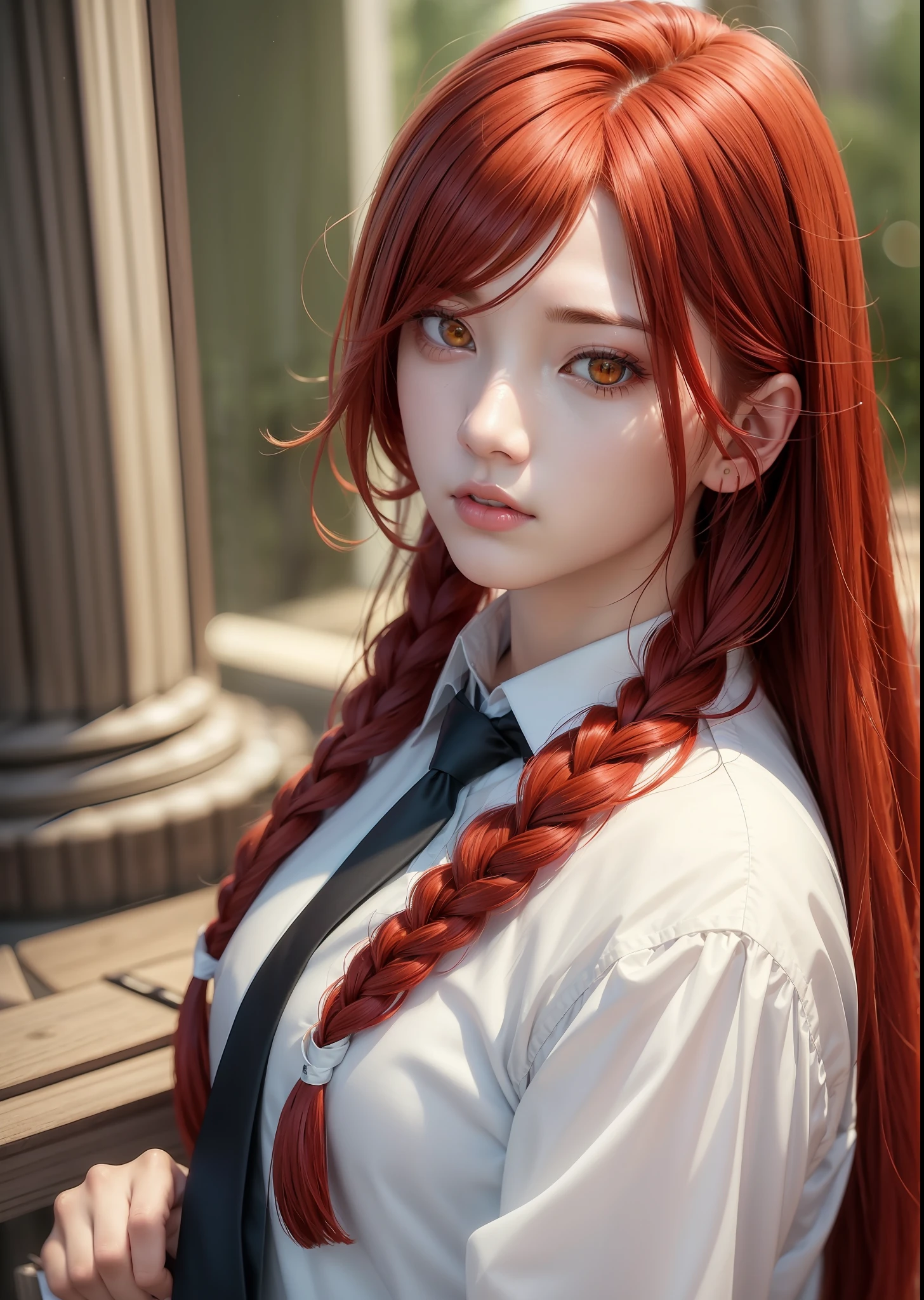 masterpiece, (photorealistic:1.4), best quality, beautiful lighting, (ulzzang-6500:0.5), makima \(chainsaw man\), (red hair)+(long braided hair)+(bangs), yellow eyes, golden eyes, ((ringed eyes)), (white shirt), (necktie), RAW photo, 8k uhd, film grain
