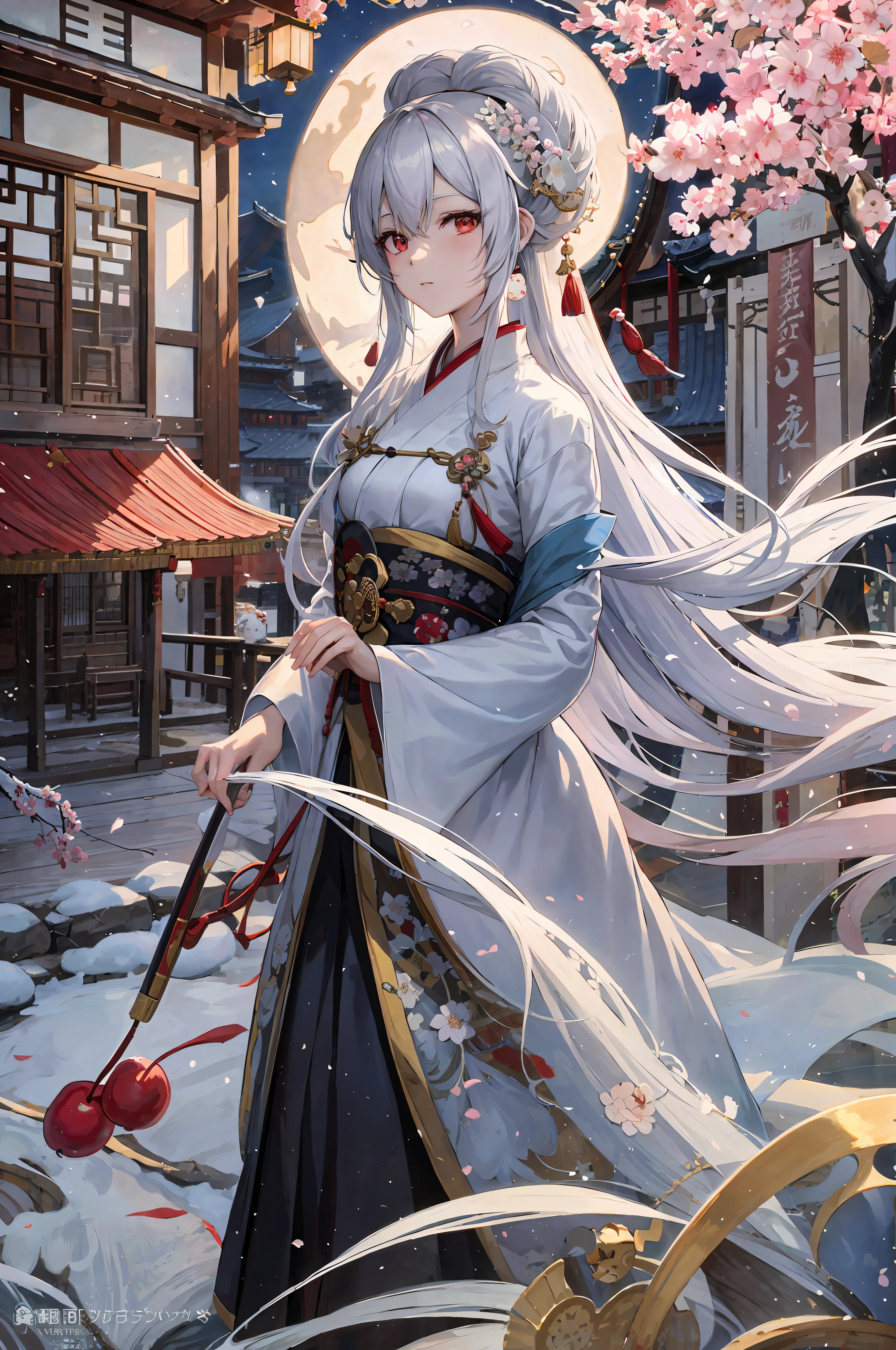 anime girl in traditional dress with a fan and a cherry blossom, palace , a girl in hanfu, white haired deity, artwork in the style of guweiz, guweiz on pixiv artstation, guweiz, guweiz on artstation pixiv, flowing hair and long robes, beautiful character painting, guweiz masterpiece, white hanfu