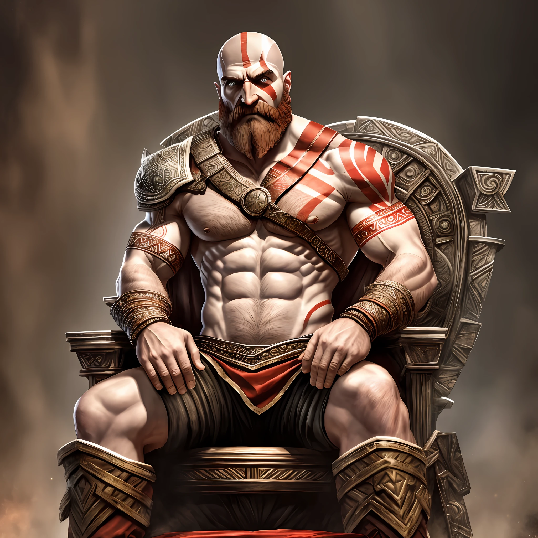 Humanized realistic image of Kratos god of war sitting on a throne --auto --s2
