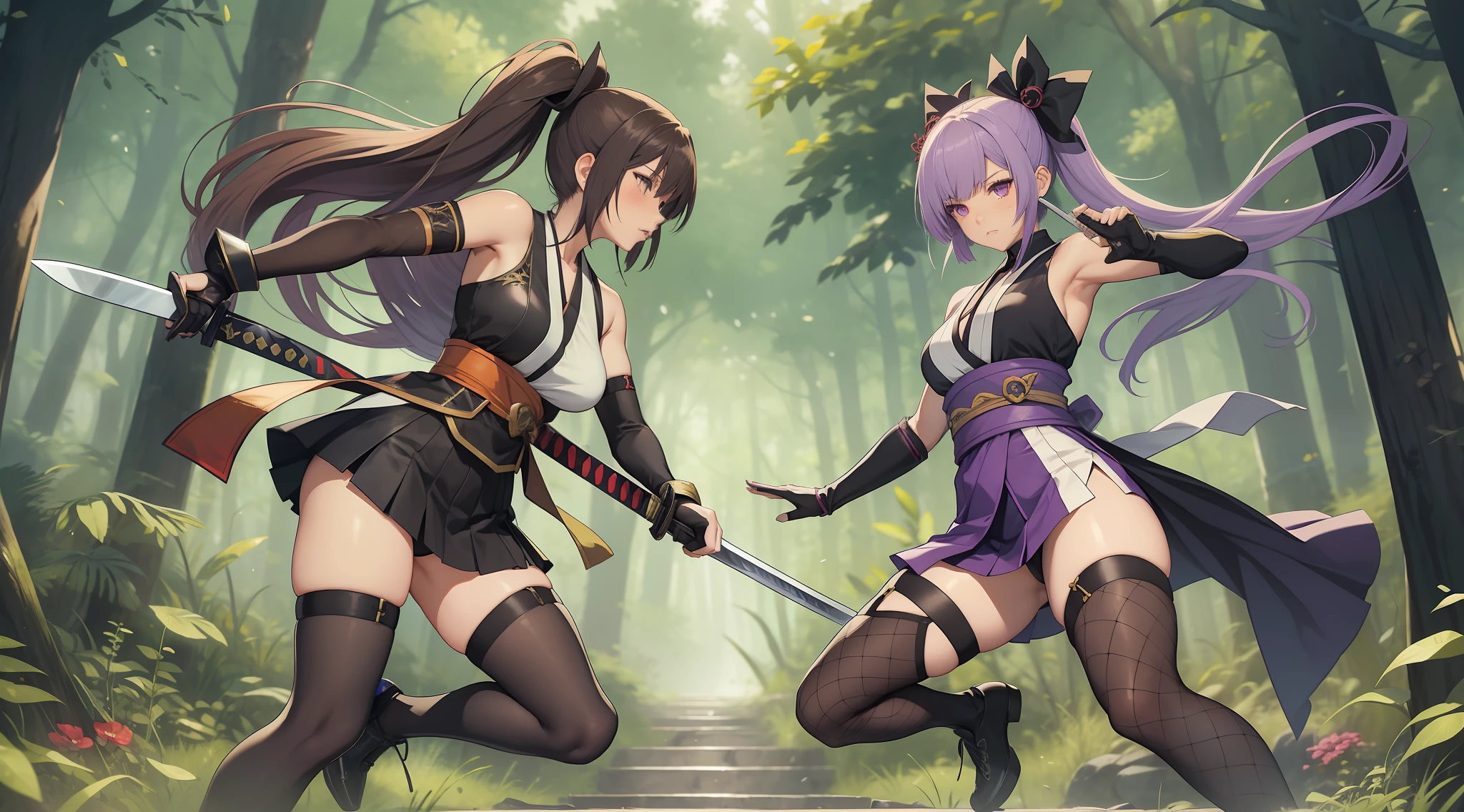 Full body shot of two female character from Dead or Alive game. Kasumi versus Ayane, 1 versus 1, fighting in a fierce duel death match with short swords, weapon with serious expression. One of them take lethal slash and wounded. They have long loose hairstyle and, small thighs, and slender legs. They are wearing different color of traditional sleeveless kimono, a pair of thin long black elbow gloves, proper skirt with no slit, an obi tied on back hip. Both of them are wearing a pair of black thigh highs and black shoes. Background set in a lush forest.