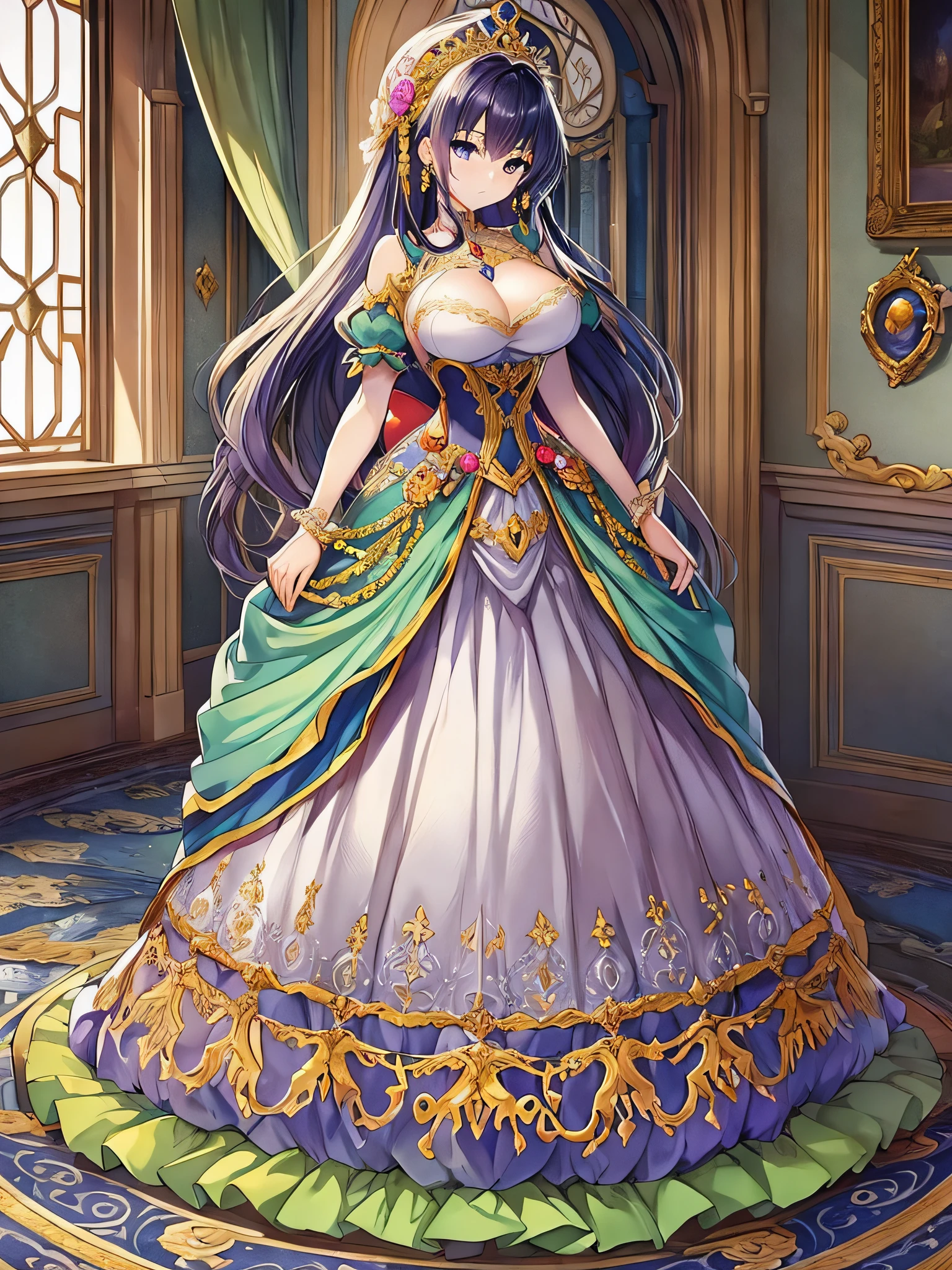 ((anime moe artstyle)),bright colors,((Masterpiece)), (Best Quality), (Super Detail),Illustration,(Very Delicate and Beautiful),Dynamic Angle,Looking at viewer,(((Solo))),((Full body)),(((1 princess in gorgeous ball gown))),jewel-like eyes,(Very Long Hair),gorgeous embroidery and lace,See-through,(gigantic breasts,Huge breasts,Bulging breasts,Long breasts),full length hoop skirt,((voluminous gorgeous ball gown)),