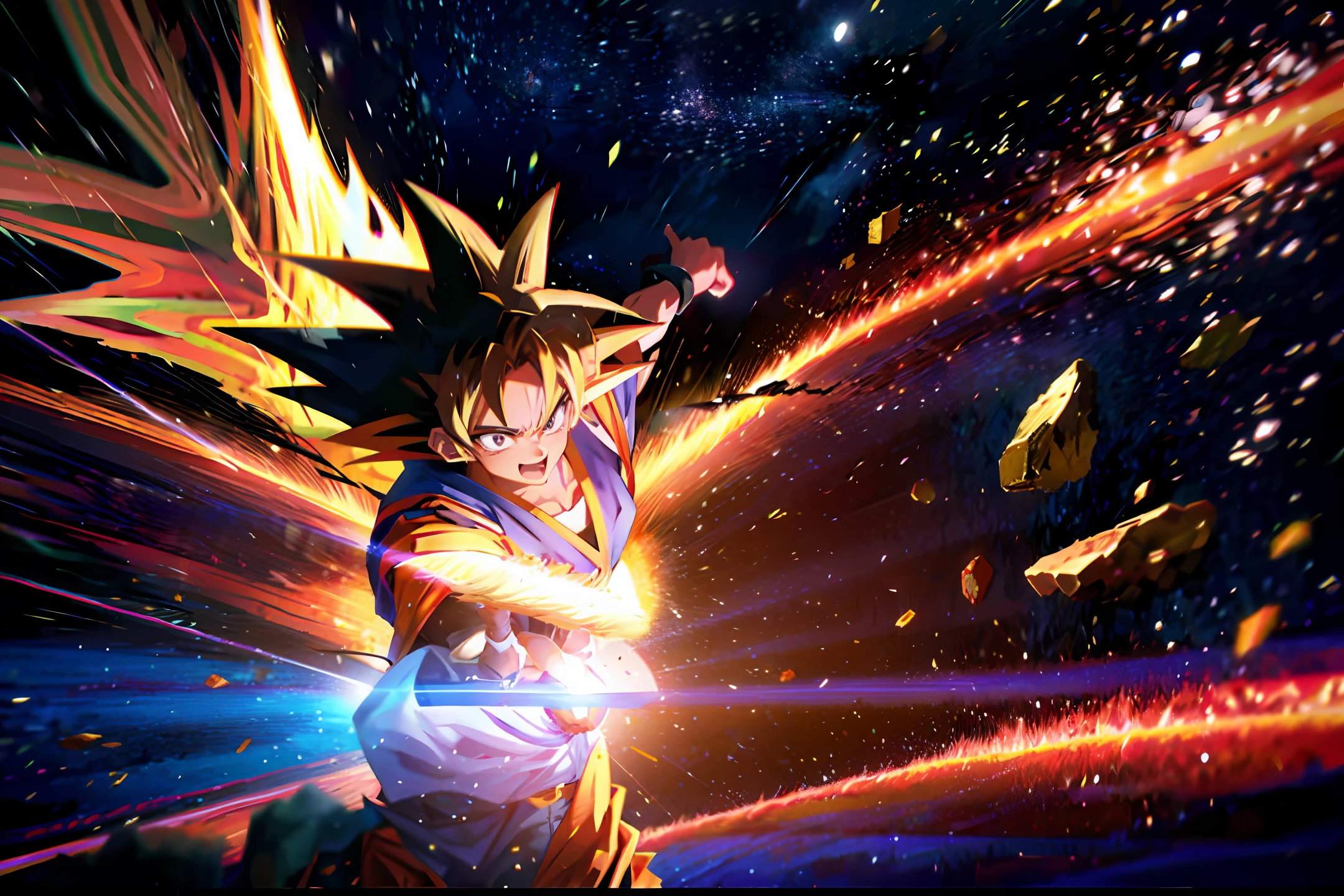 Goku super sayajin waging an apocalyptic battle with wargreymon