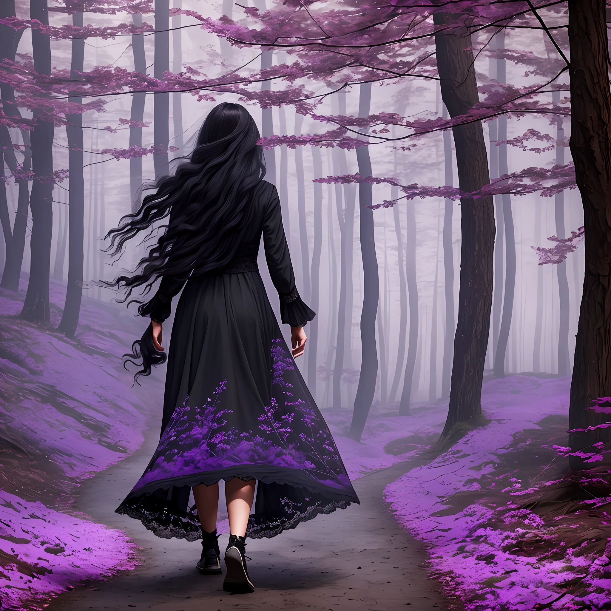 Woman walking on her back on a trail inside a black foil, with fog and shadows, wavy and long black hair, high quality, ultra-detailed, 8k, masterpiece, (volumetric lighting), black magic, fanciful, lilac colors, purple, shadows and vivid on the woman's back, dark and dark --auto --s2