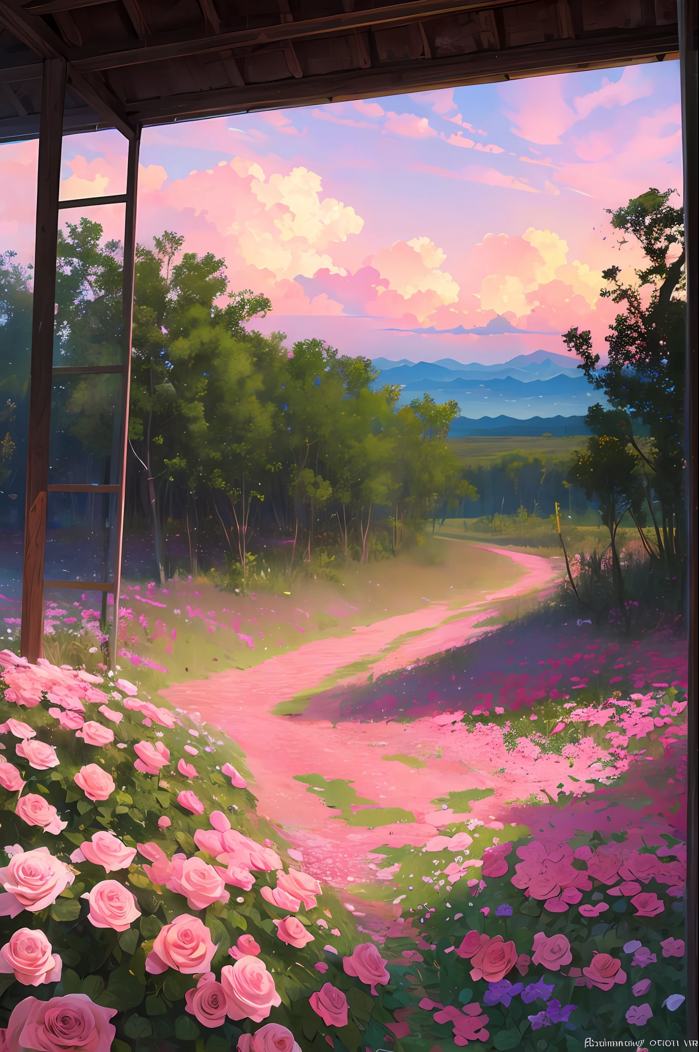 Summer, desert, pink clouds, a land overgrown with roses, James Gurney, art station rendering, ultra-wide lens, high definition