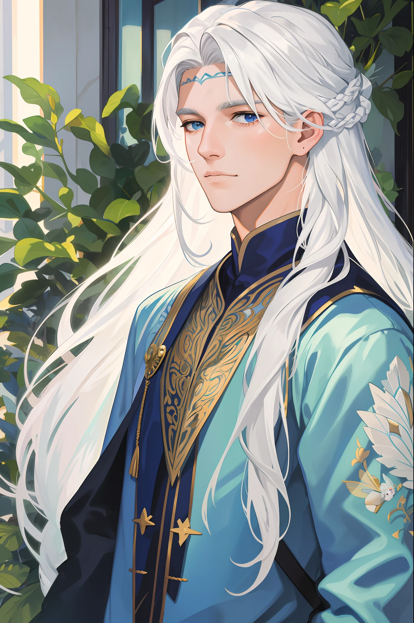 Masterpiece, super-fine, semi-realistic, detailed facial features, 1boy, white hair, long hair, wearing exquisite fairy costumes