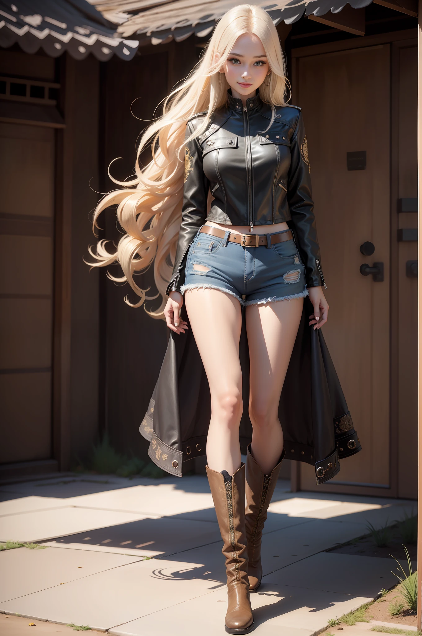 saika1, pointed embroidered cowboy boots, black cropped leather jacket, denim shorts, full body, masterpiece, best quality, realistic, realistic, super detailed, photo, realistic, best quality, beautiful sexy woman, long hair, smile, melon seed face, perfect body ratio, tall figure, long legs, golden ratio body, beautiful appearance, beautiful big eyes, 9 head body, eye shadow.