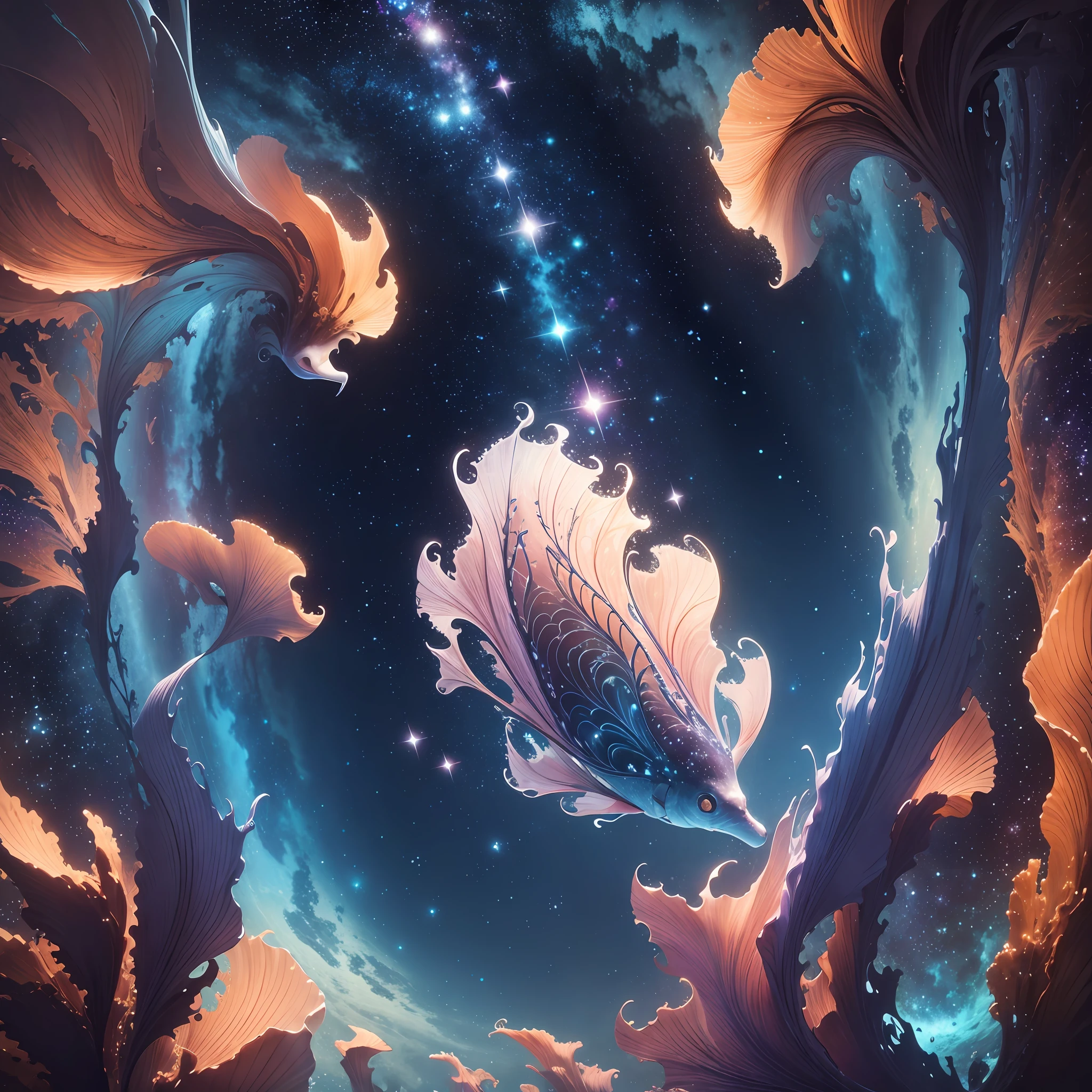 Official Art, Unified 8k Wallpapers, Ultra Detailed, Beautiful and Aesthetic, Masterpiece, Best Quality, (Starry Sky composed of sea fish), (fractal art: 1.4), Looking up at the stars, Looking up at the starry sky under the sea, Very detailed, Dynamic angle, cowboyshot, (Chaos in the most beautiful form), Flowing, (Bright colors), ((Looking up underwater)), (Dream: 1.5), masterpiece, best quality,