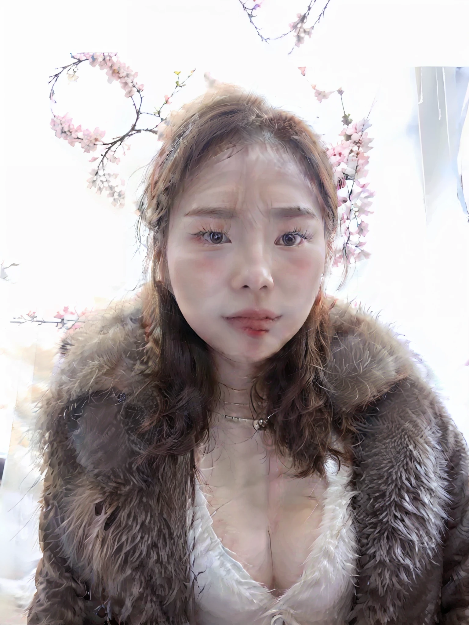 There is a woman posing for photo in a fur coat, beautiful korean woman, gorgeous korean young woman, korean woman, 8k selfie photo, beautiful korean young woman, korean girl, elegant, cute woman digital art, gorgeous chinese model, big breasts, plump, busty breasts, big breasts beauty, big breasts