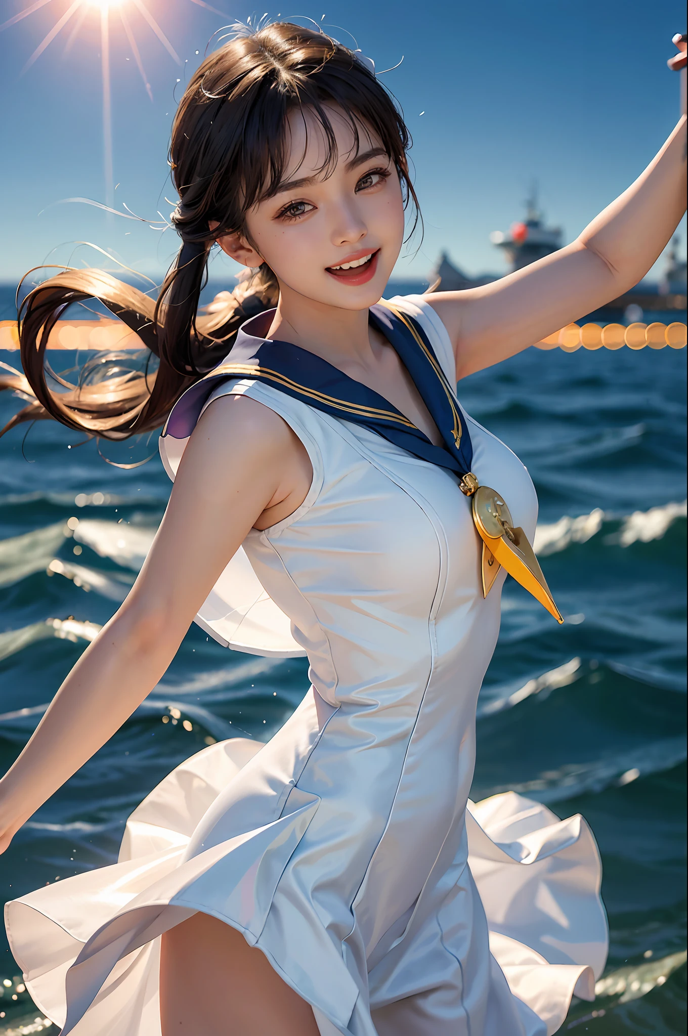 1 girl,, (huge laughter), sweet, sun glare, chunli, dress conservatively, sailor suit, sailor moon, bokeh, depth of field, blurred background, light particles, strong wind, head tilt, cruise ship, cabin, sea surface, life buoy