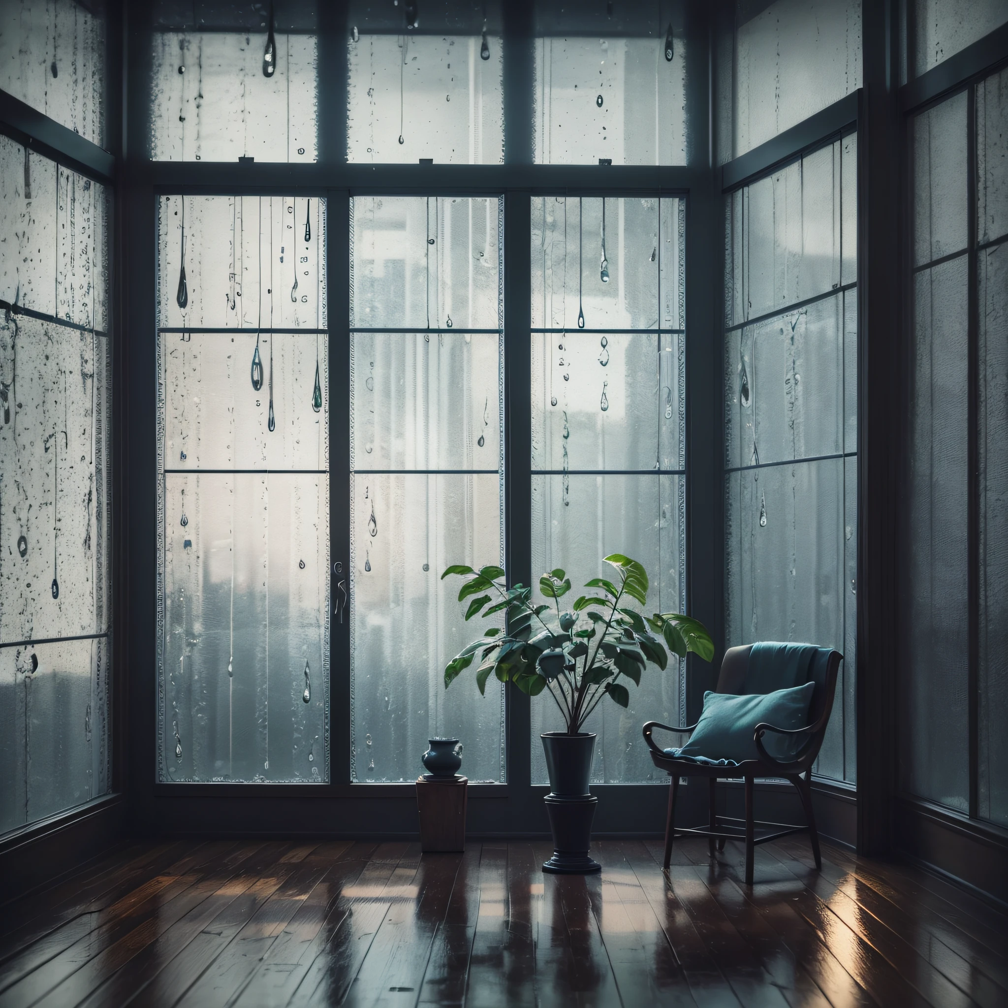 (top quality, 4k, masterpiece) dimly lit room, fashionable, moody, rain, interior --auto --s2