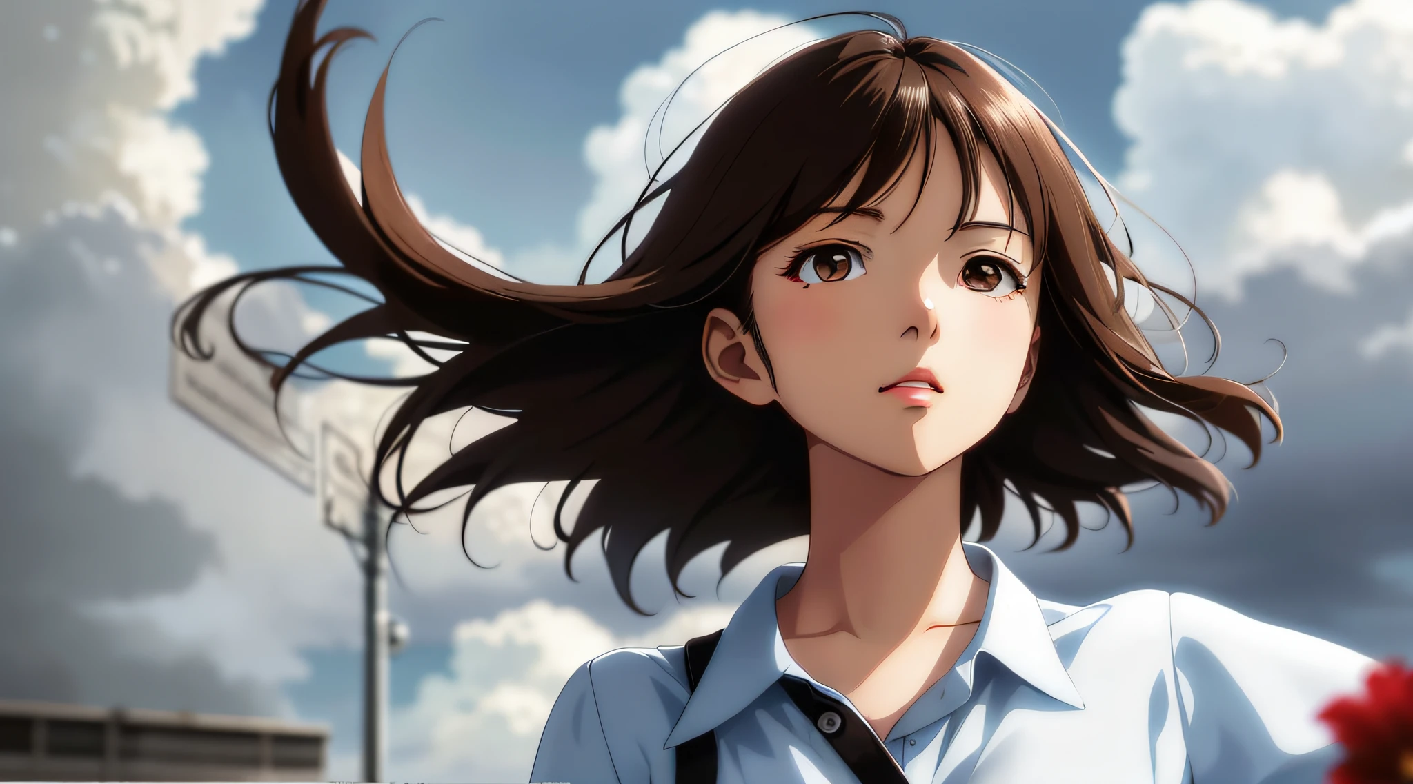 Very detailed and precise anime style illustration, very beautiful young woman, face close-up, brown short hair, wearing a white shirt, perfect round gray eyes, looking up to the heavens and eyes open, the background is fantastic gray bad weather sky and clouds, windy, very strong backlight, fantastic scene.