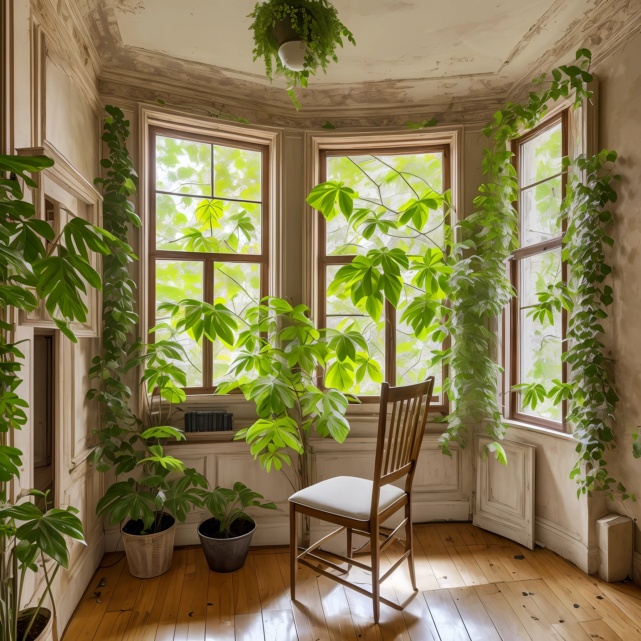 photo of a climbing plant on a window in a room with peeling yellow walls, leaves resembling a heart, a scaly ceiling, open curtains, and ripe green leaves. The plant grows dense in succession and faces towards the door to the right of the window, then returns towards the window to fill the left of the wall. The middle wall of the room has a window, and to the left of it is a wall with pictures. The room gives an old impression. —c 10 —ar 2:3 --auto --s2