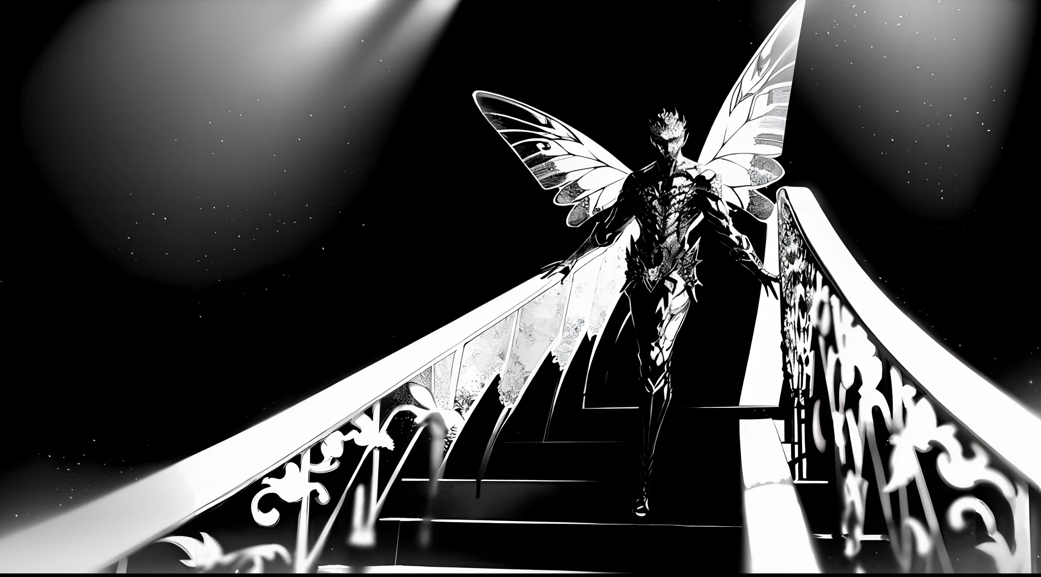 Vitor Fadul stands at the top of the staircase, bathed in a spotlight that casts a dramatic silhouette against a darkened backdrop. His majestic butterfly wings, outlined with shimmering light, symbolize his artistic liberation and growth. As Vitor passionately sings the empowering chorus, his voice fills the air with intensity and determination. The scene is rendered in a three-dimensional sculpture, capturing the intricate details of Vitor's performance and evoking a sense of depth and presence. Sculpture, utilizing lighting techniques to enhance the dramatic effect, --ar 16:9 --v 5 greyscale, monochrome, ((masterpiece))