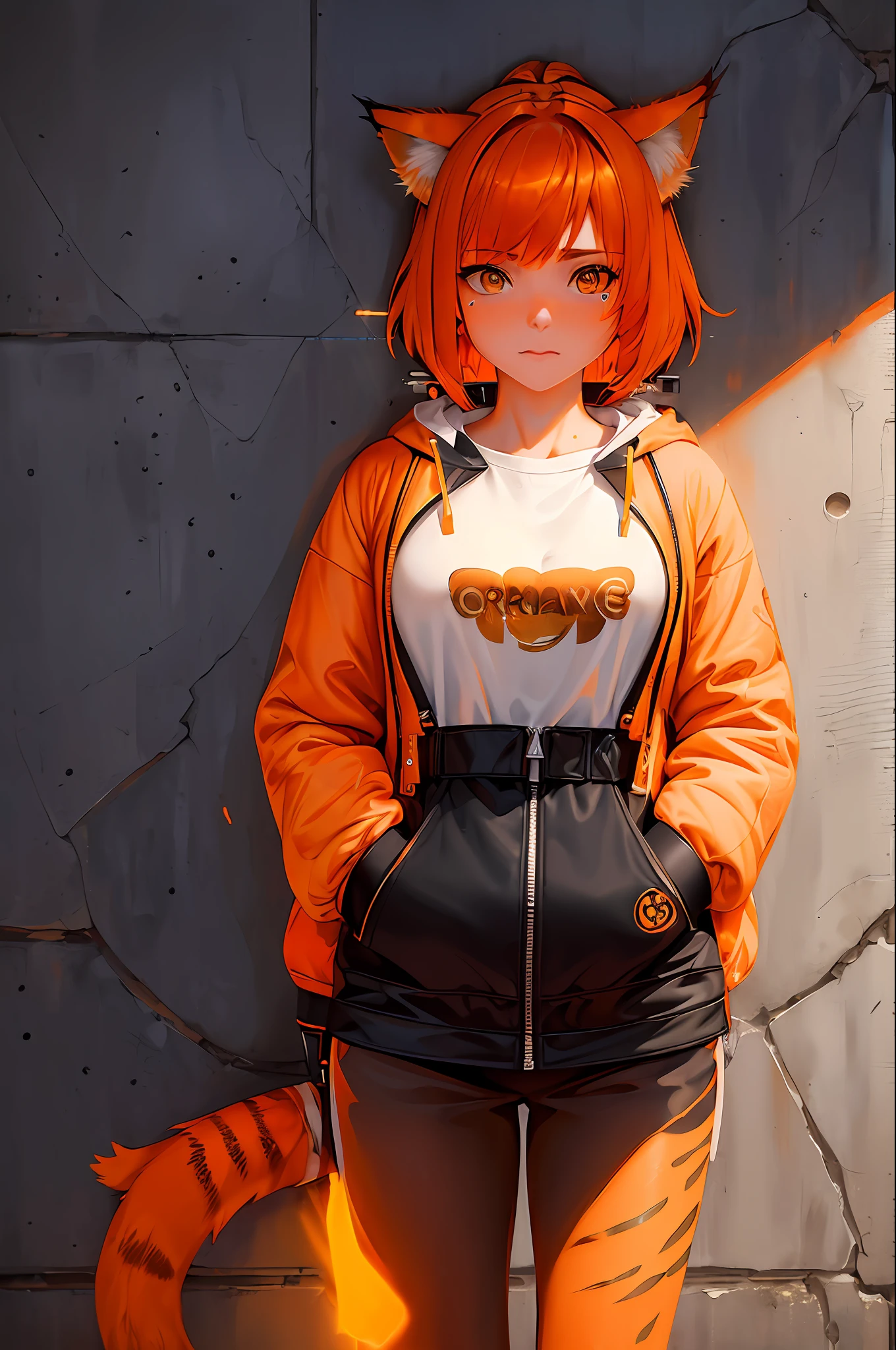 (Masterpiece:1.2), best quality, (illustration:1.2), (ultra-detailed),Eye focus,(Masterfully crafted Glow, pink lens flare), (Cinematic background), hyper details,(delicate detailed), (intricate details), octane render, hdr, (hyperdetailed:1.15), (((colourful))), (soft light:1.2), 1girl,(lynx ears:1.3) , (lynx girl), (cat tail:1.5), beautiful girl, ultra detailed eyes, mature, plump, thick, rainbow painting drops, paint teardrops, woman made up from paint, entirely paint, splat, splash, (outside), (bob cut:1.5),(glowing eyes:1.2), ((makeup)),(Cinematic masterpiece), fierce, powerful, splashes of colour absolutely eye-catching, (Cinematic headlight), (realistic bounce lighting:1.2),((caustic)), dynamic angle, beautiful detailed glow, ambient occlusion, ambient light, raytraced reflections,(best illumination, an extremely delicate and beautiful), ((cinematic light)), (soft:2), (whimsical:2) , intricate background, vibrant, dreamscape, (painting graffiti:1.3), (glowing tail), (painted city landscape), (Urban),(realistic urban fashion), (expressive:1.2), good form, athletic , (mirrored world), (long flowing black hair:1.1), wavy hair, (orange hair highlights),(Cyberpunk Techwear Japanese Streetwear Longline Hoodie),(Cyberpunk Streetwear Kanji Joggers), glowing headphones, beanie, (graffiti wall), unfinished graffiti, ghetto,(looking at wall:2),black hoodie, (backwall present),(holding spraycan:1.3), (colourful mist), buckles, belts, straps, a girl standing in front of a graffiti wall, cyberpunk art, (by LAM), Mika Pikazo, graffiti, techwear jacket, black gloves, with buckle and tape, (orange hair:2)