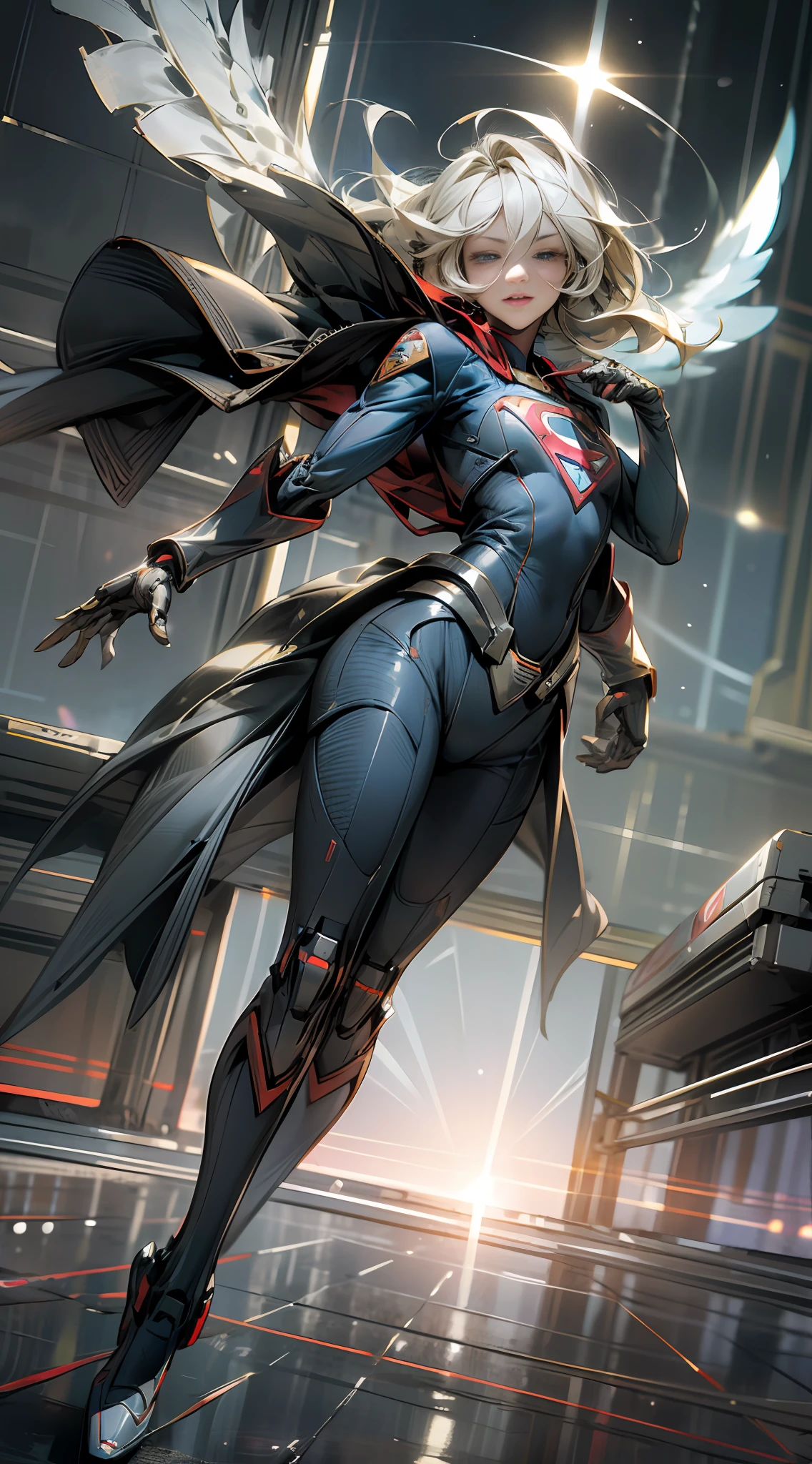 ((Best quality)), ((Supergirl's masterpiece)), (highly detailed:1.3), 3D, beautiful, (cyberpunk:1.2), in space, nebulous, holding_weapon, laser, (1Female Mecha:1.3), sexy body, facing the audience, bright blue eyes, full body, blonde, (flying, descending, dynamic, motion blur: 1.4), (huge wings of wicks: 1.6), looking up, glowing_eyes, mecha, panorama, background is earth, nebula, space, particles, Reality, HDR (High Dynamic Range), Ray Tracing, NVIDIA RTX, Super Resolution, Unreal 5, Subsurface Scattering, PBR Textures, Post-Processing, Anisotropic Filtering, Depth of Field, Maximum Clarity and Clarity, Multilayer Textures, Albedo and Specular Maps, Surface Shading, Accurate Simulation of Light-Material Interaction, Perfect Proportions, Octane Render, Two-Tone Lighting, Large Aperture, Low ISO, white balance, rule of thirds, 8K RAW, efficient sub-pixel, sub-pixel volume product, (best quality), (Japanese: 0.5), (Korean: 0.8), (Liu Yi Fei: 1.5) long hair, (big chest: 1.2) wearing superman's S on the chest. --auto --s2