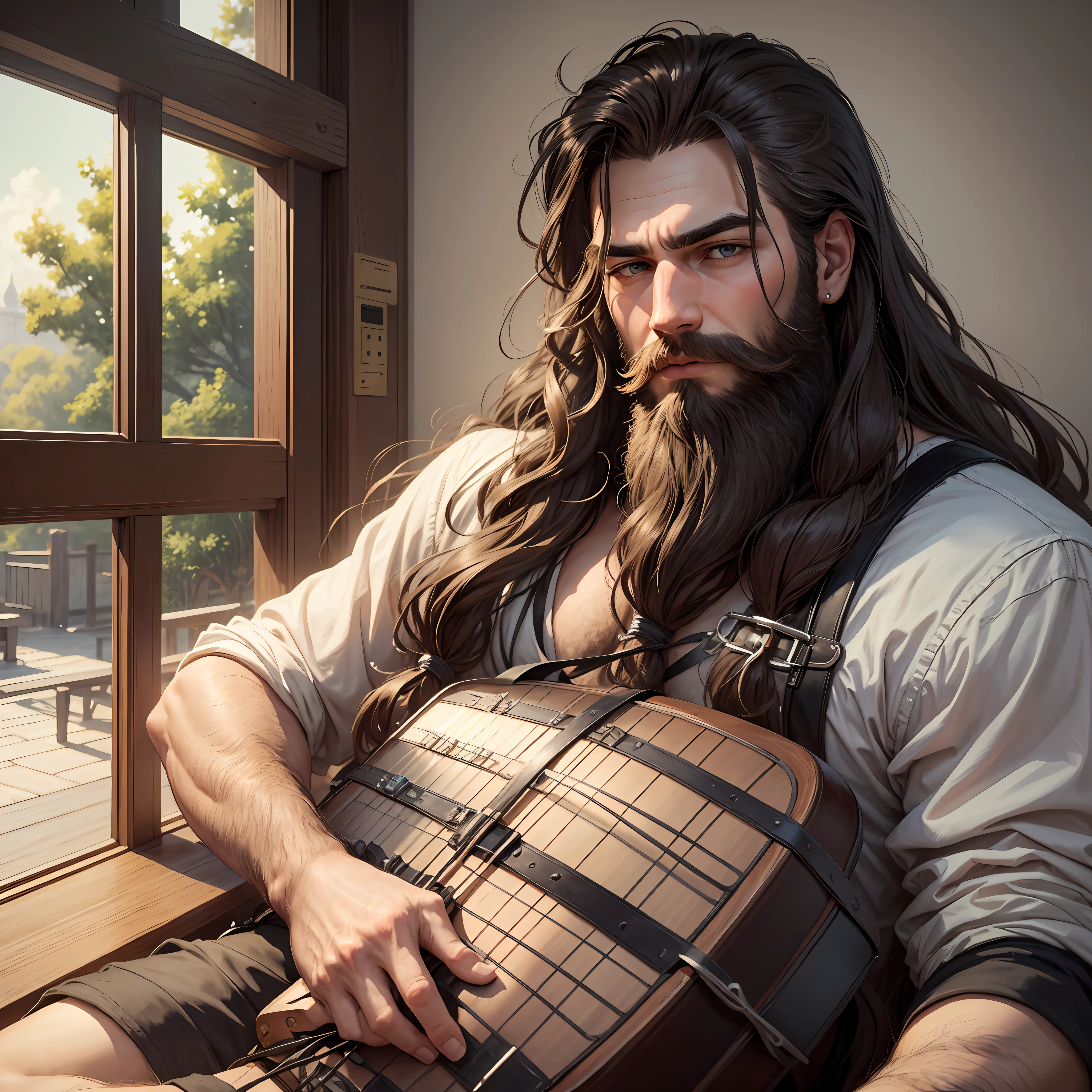 He raises a boy with long hair and a beard with an ambisic expression --auto --s2