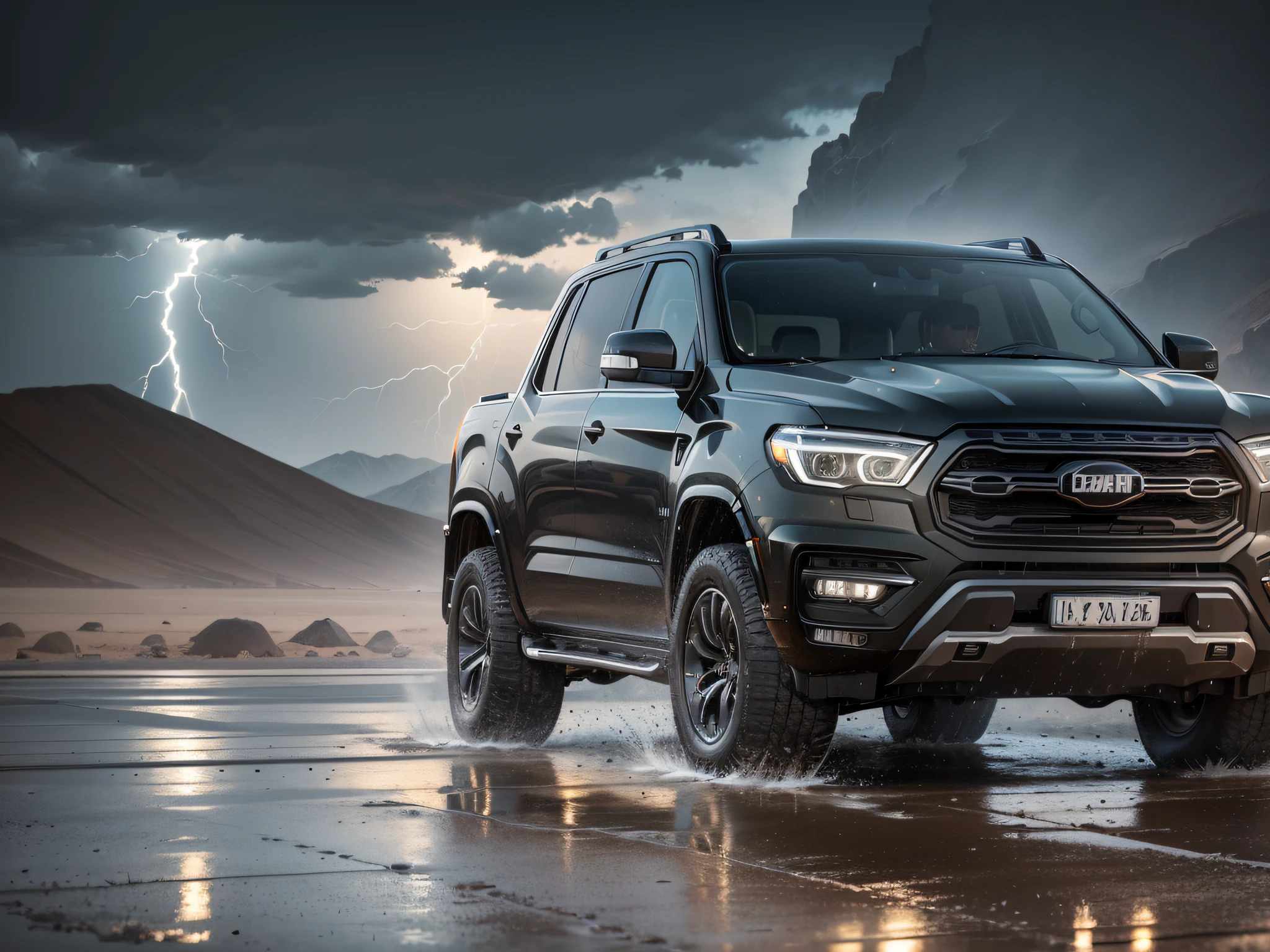 photo 8k dark and gloomy, big suv, grey, in desert, detailed face, detailed, (vibrant, realistic photo, realistic, dramatic, dark, sharp focus, 8k), wet floor, reflection, rain, lightning, LED headlight, light on