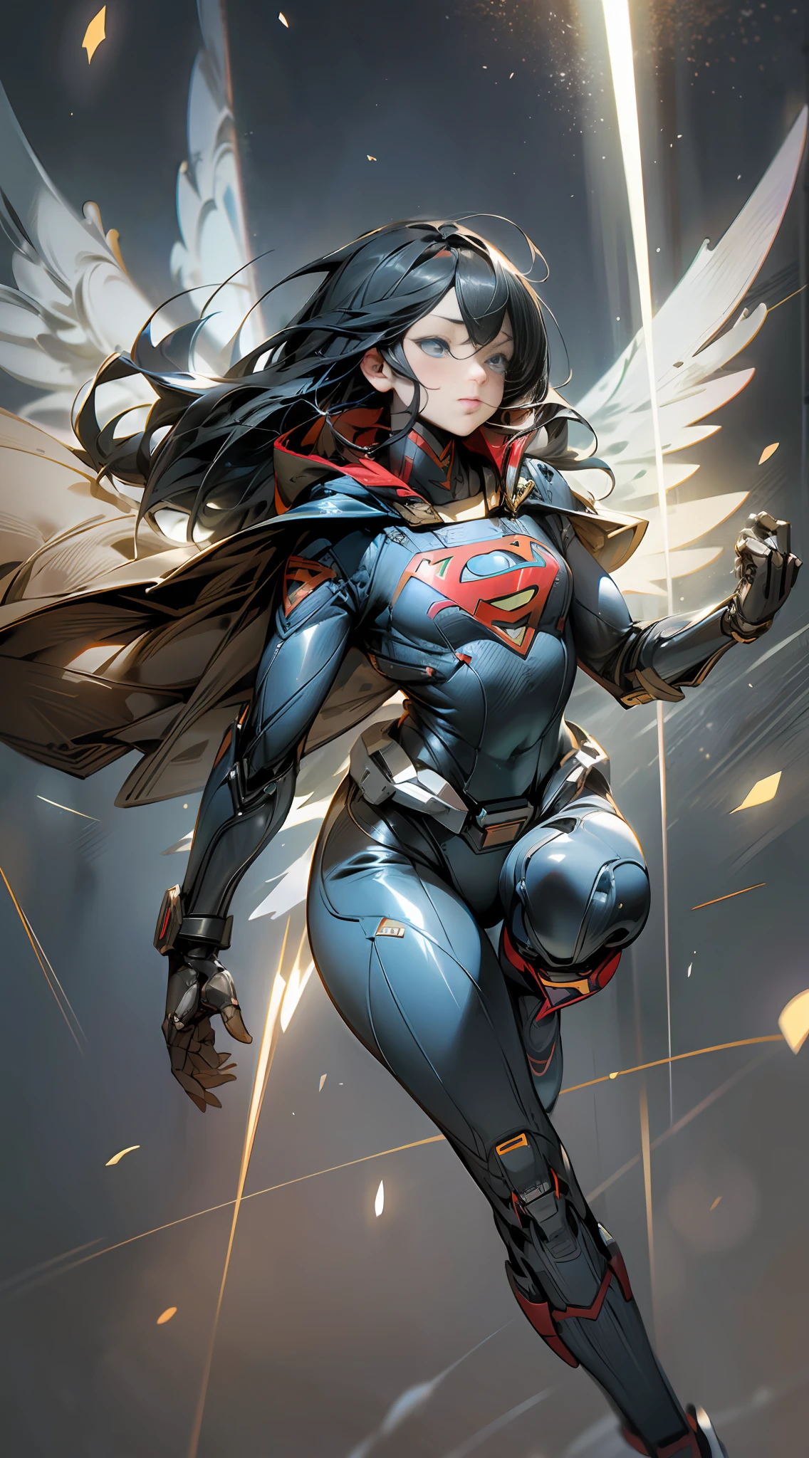 ((Best quality)), ((Supergirl's masterpiece)), (highly detailed:1.3), 3D, beautiful, (cyberpunk:1.2), in space, nebulous, holding_weapon, laser, (1Female Mecha:1.3), sexy body, facing the audience, bright blue eyes, full body, blonde, (flying, descending, dynamic, motion blur: 1.4), (huge wings of wicks: 1.6), looking up, glowing_eyes, mecha, panorama, background is earth, nebula, space, particles, Reality, HDR (High Dynamic Range), Ray Tracing, NVIDIA RTX, Super Resolution, Unreal 5, Subsurface Scattering, PBR Textures, Post-Processing, Anisotropic Filtering, Depth of Field, Maximum Clarity and Clarity, Multilayer Textures, Albedo and Specular Maps, Surface Shading, Accurate Simulation of Light-Material Interaction, Perfect Proportions, Octane Render, Two-Tone Lighting, Large Aperture, Low ISO, white balance, rule of thirds, 8K RAW, efficient sub-pixel, sub-pixel volume product, (best quality), (Japanese: 0.5), (Korean: 0.8), (Liu Yi Fei: 1.5) long hair, (big chest: 1.2) wearing superman's S on the chest. --auto --s2