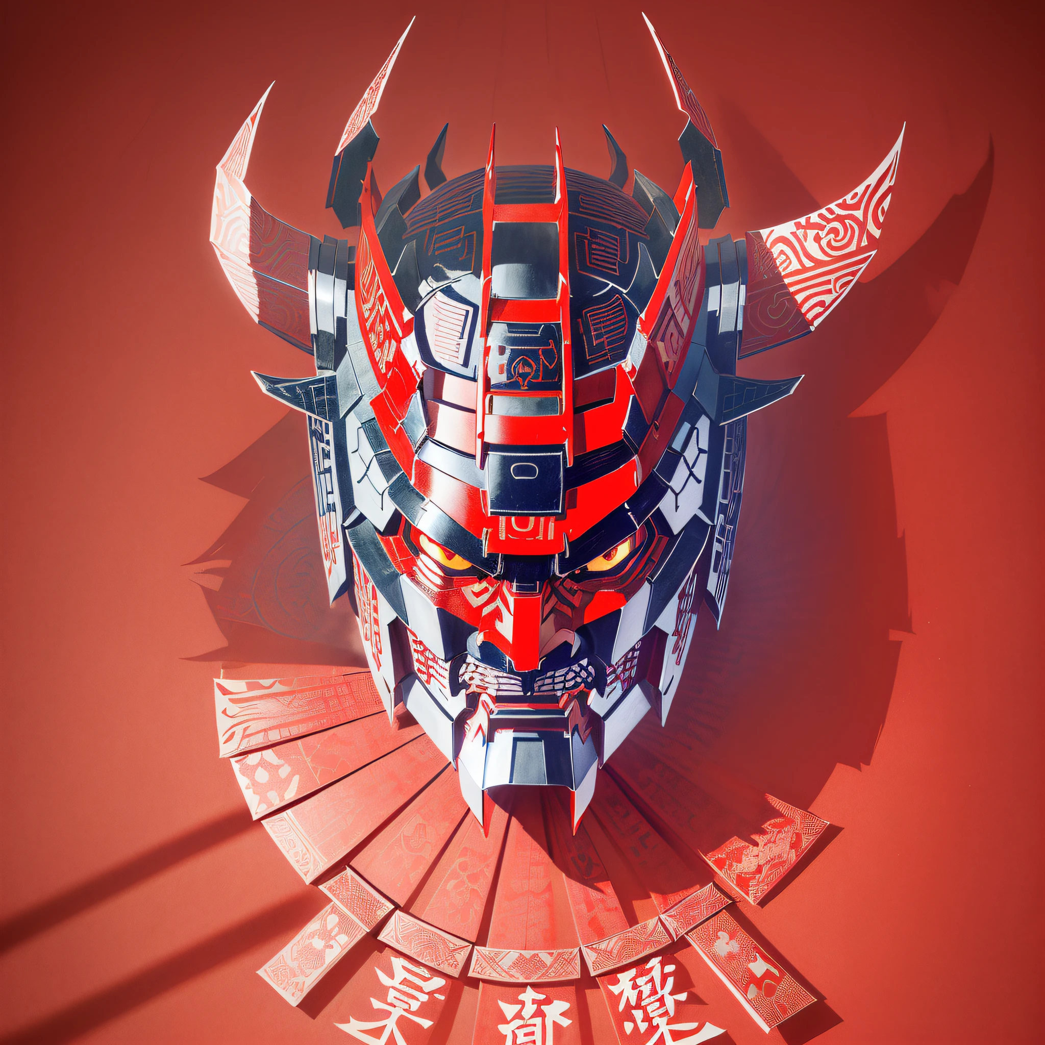 Optimus Prime ((Oni Hannya samurai mask with ancient Samurai Kabuto helmet)))), (((masterpiece))), best quality, ((Kirigami's Japanese paper cutting art)), ((Japanese paper cutting)), ((complicated paper cutting with many layers of paper)), ((each paper layer with shadows)), red background paper, single color on each paper layer, frontal, (symmetrical detailed Japanese tamon samurai mask),  Facial trasforms