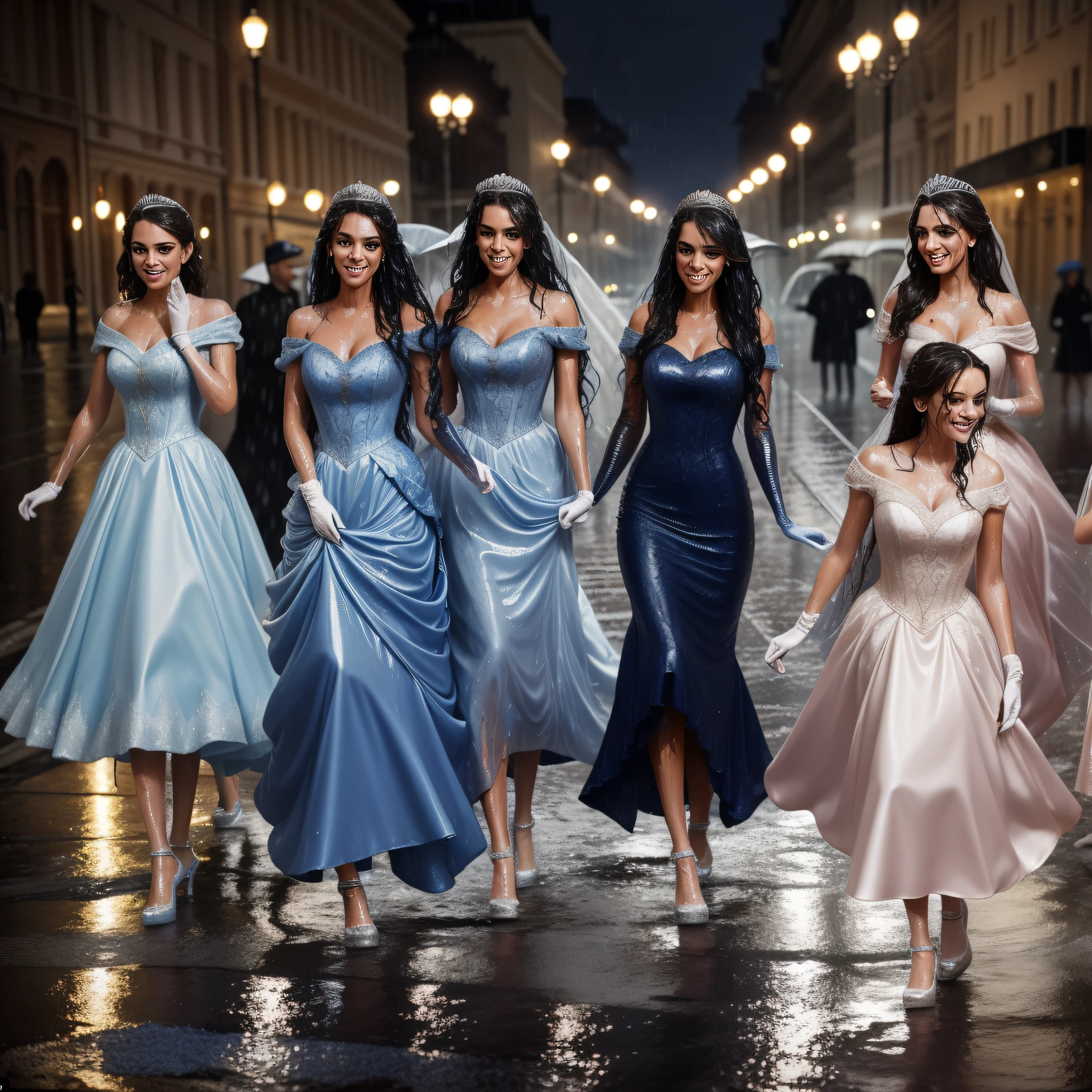 a group of beautiful princesses, dressed for a royal ball (ballgowns, long gloves, tiaras), dancing in the street at night in the rain, wet hair, wet dresses (((drenched))) (((soaked))) (((dishevelled))) (((clinging)))