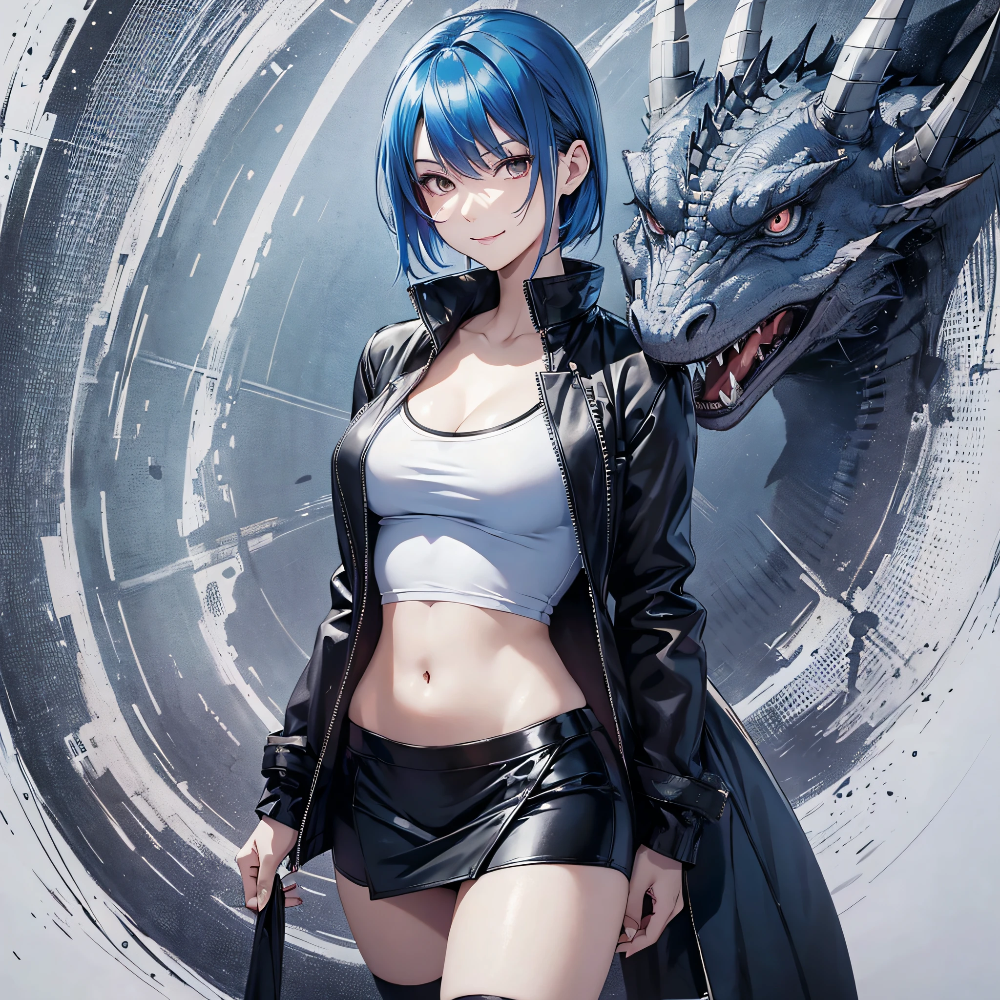 Lucyna Kushinada, Matrix style, character, blue hair, slim, white top, black short skirt, black stockings, insidious smile, full-length, standing against the background of a gray dragon, photorealistic --auto --s2