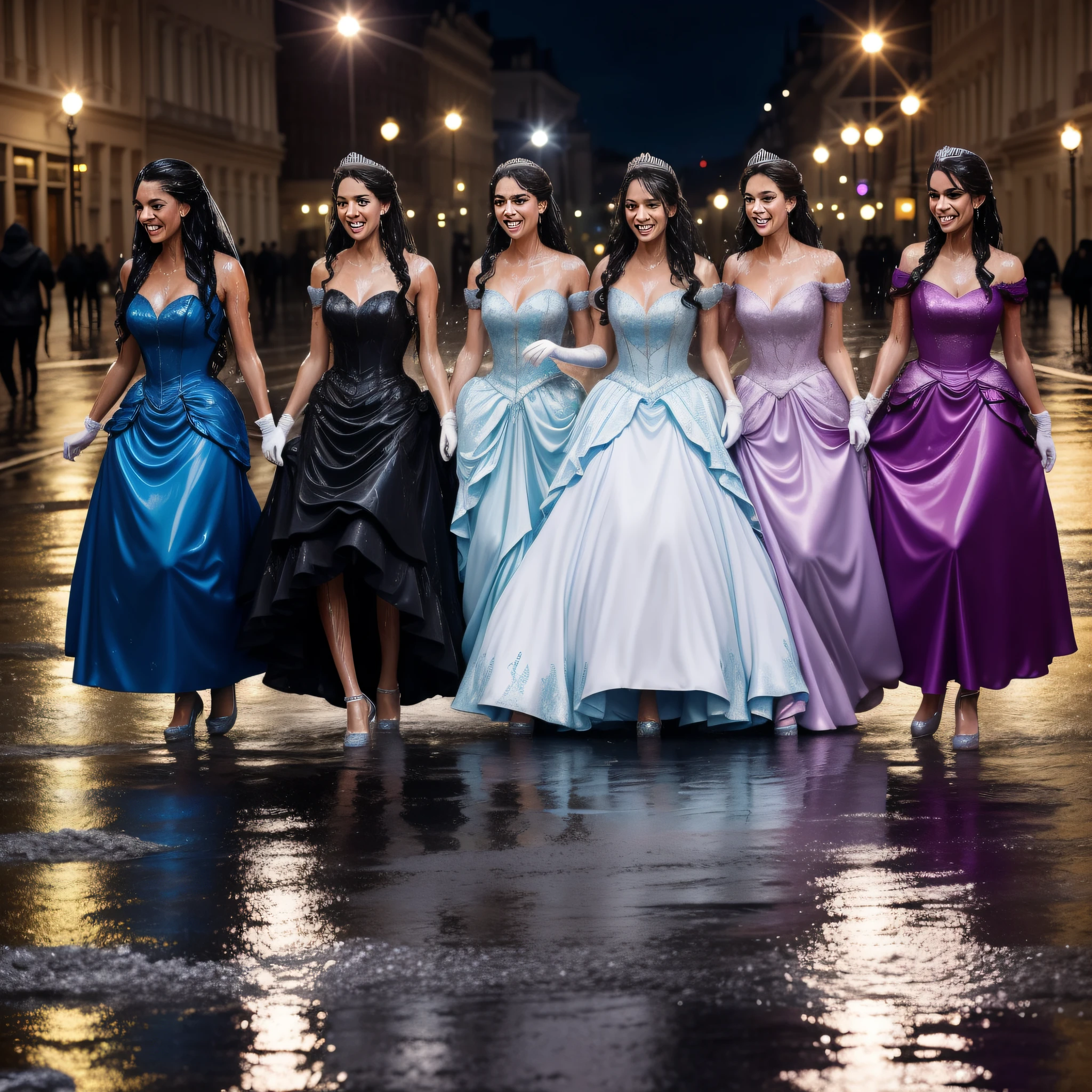 a group of beautiful princesses, dressed for a royal ball (ballgowns, long gloves, tiaras), dancing in the street at night in the rain, wet hair, wet dresses (((drenched))) (((soaked))) (((dishevelled))) (((clinging)))
