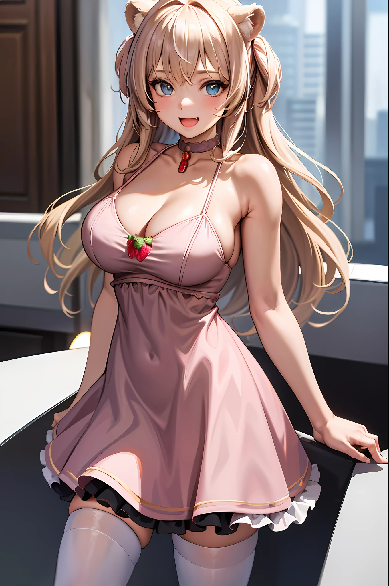 (leaning over:1.4), (masterpiece:1.2, best quality), (real picture, intricate details), 1girl, solo, absurdres, cowboy shot, standing, outdoors, :3, smile, bear girl, bear ears, ((light pink dress)), frills, very detailed dress, white thighhighs, platinum blonde hair, gray blue eyes, long hair, ((red strawberry choker)), smile, open mouth, one fang, large breasts, cleavage, sleeveless dress, arms behind back,