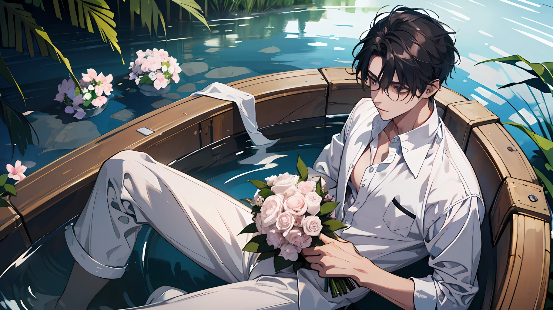 1boy, boy, , young man, physically based rendering, professional lighting, extreme detail, white shirt, bouquet, cross earrings, lying on the water, high brightness, refreshing, soft light