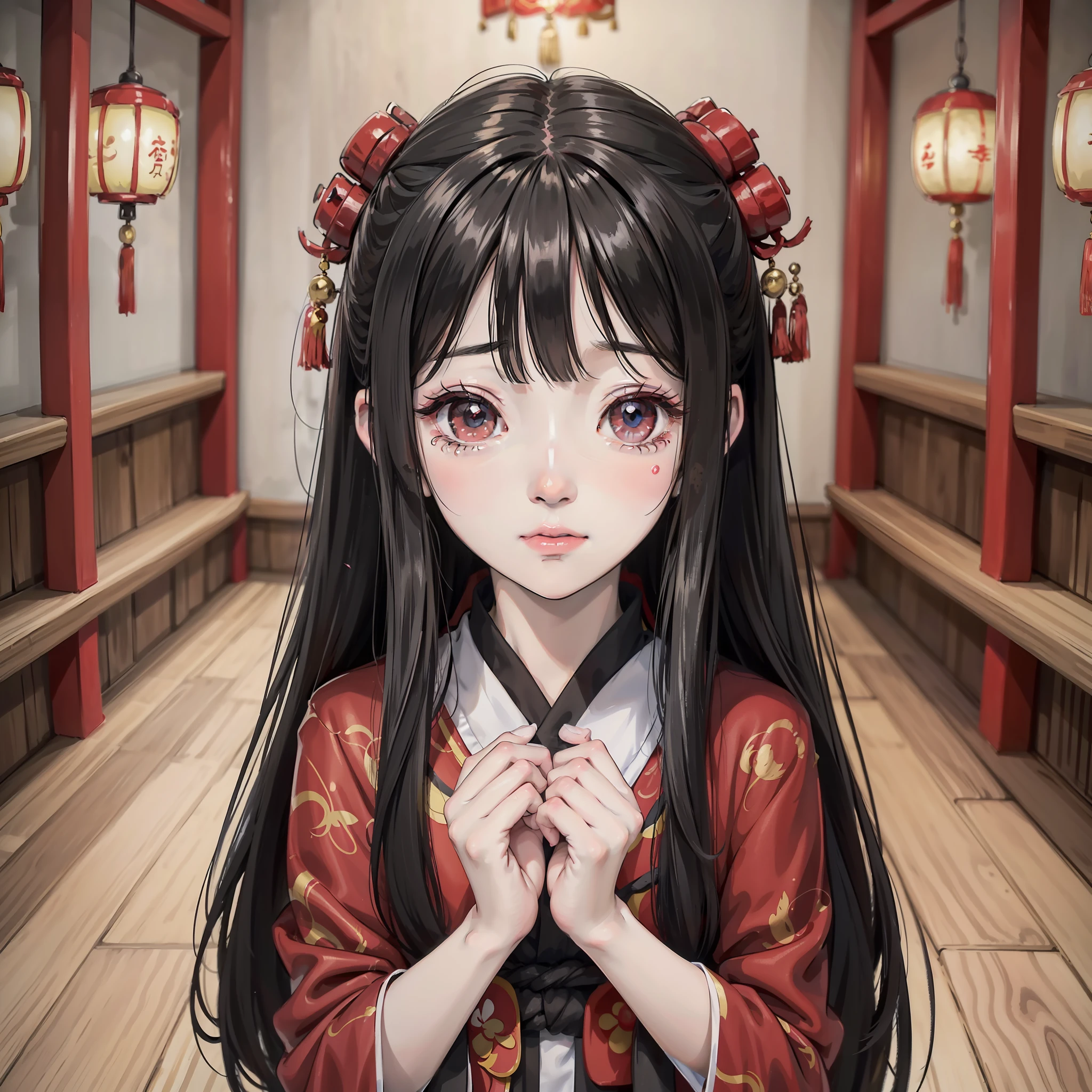 Anime  girl with long black hair and about 10 yeang red Hanfu, red flower (crying expression 1.5) (tears 1.5) (background is ancient Chinese room 1.5) anime style 4 K, anime rendering, Guvez style artwork, anime style. 8k, Guvitz, Beautiful Anime Girl, Beautiful Anime Face, Cute Anime Girl (Pure Big Eyes 1.5) (Upper Body Display 1.5) (Crystal Beautiful Eyes 1.5) (Poor Milk 1.3) (Baby Little Girl 1tic Lighting 1.5)