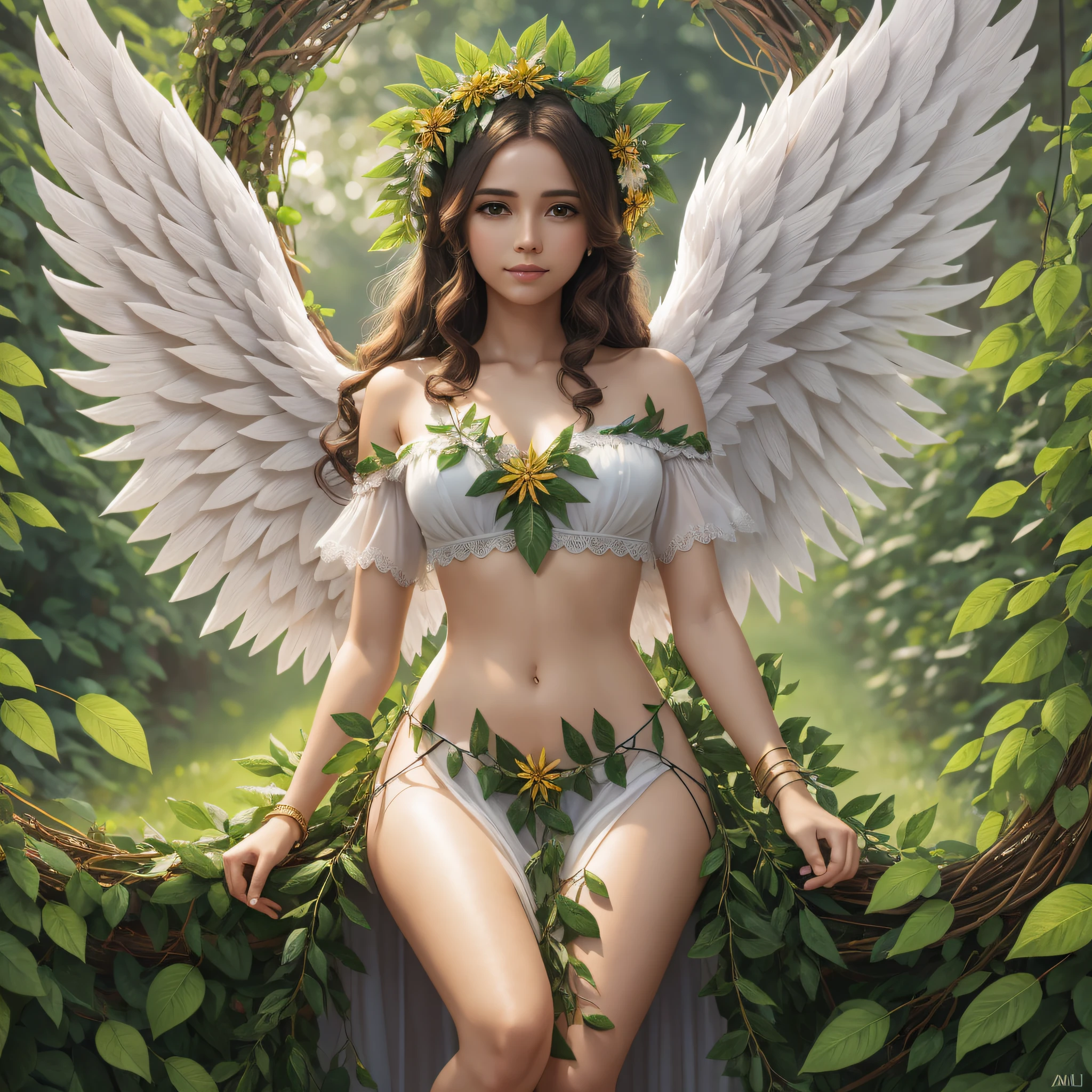 Angel woman, wreath of leaves, 4k --auto --s2