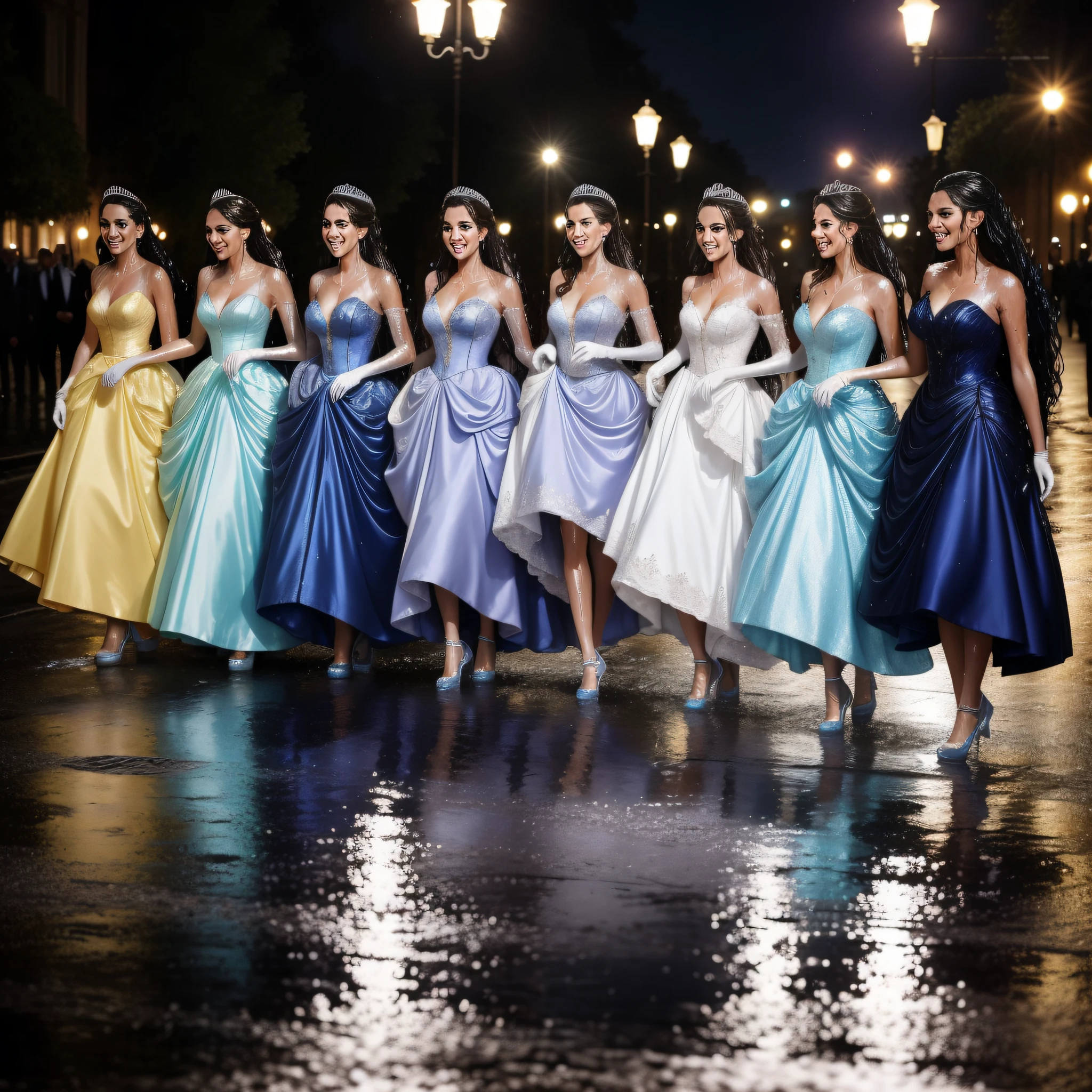 a group of beautiful princesses, dressed for a royal ball (ballgowns, long gloves, tiaras), dancing in the street at night in the rain, wet hair, wet dresses (((drenched))) (((soaked))) (((dishevelled))) (((clinging)))