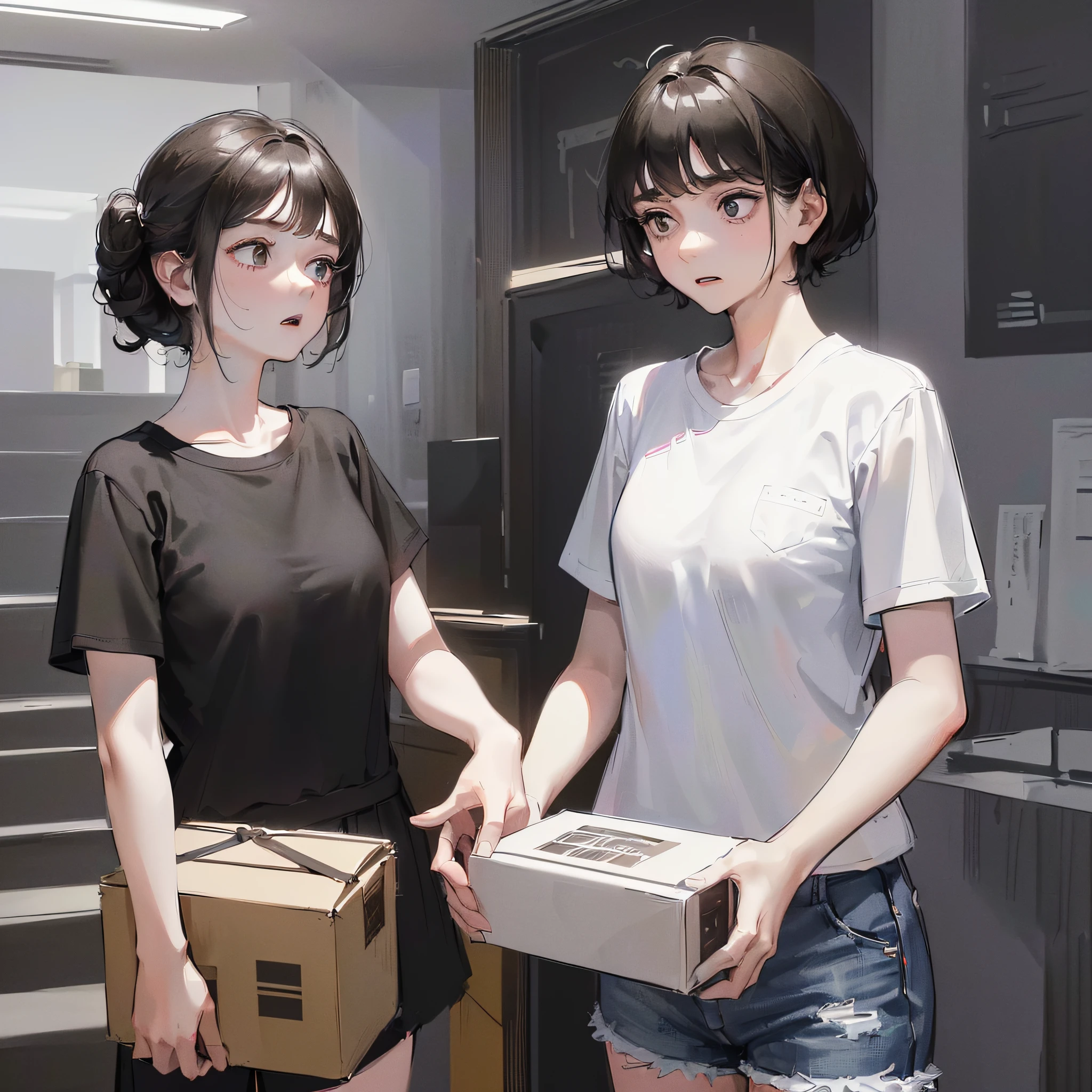 (A 50-year-old woman with short black hair wearing white short sleeves and a 20-year-old girl with long black hair wearing white short sleeves stand together; 1.5）
(Holding a box in his hand; 1.7）
(Stand downstairs; 1.6）
(expression surprised; 1.5）