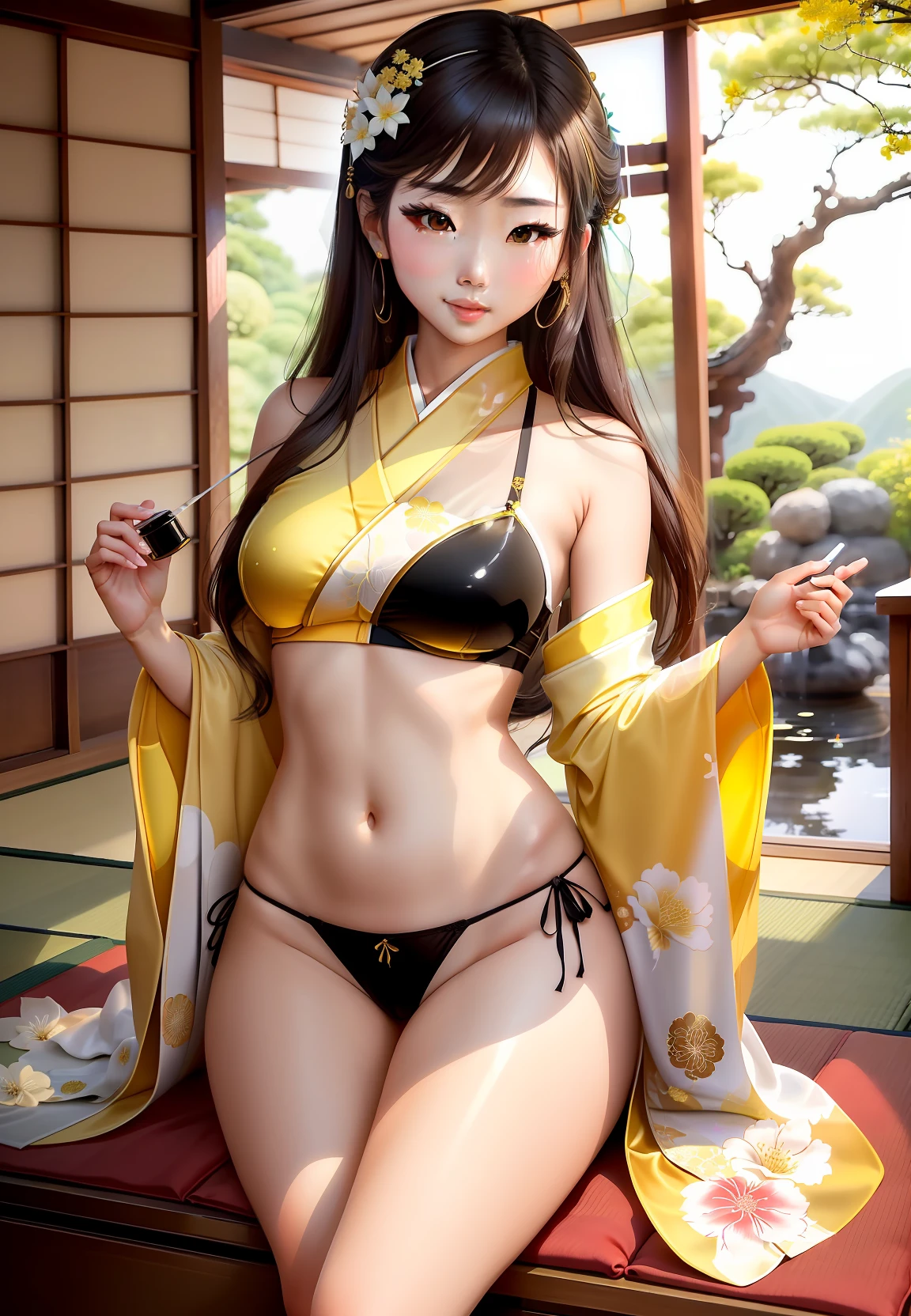 Ultimate masterpiece, (fidelity: 1.2), (sexy), (Asian girl)), infinite scenery, (fair: 1.2+fair: 1.1), medium breasts, two points slightly exposed, (translucent: 1.1), looming ,(Open thong: 1.5), lots of pubic hair, open crotch shot, open legs, (smooth: 1.1), (clear curve details: 1.1), (cute: 0.9), (shiny: 1.1), (Japanese goddess: 1.2), domestic style, the warmest yellow, the environment is blurred and elegant, the models are beautiful and sexy, high contrast is required, with some Japanese elements.