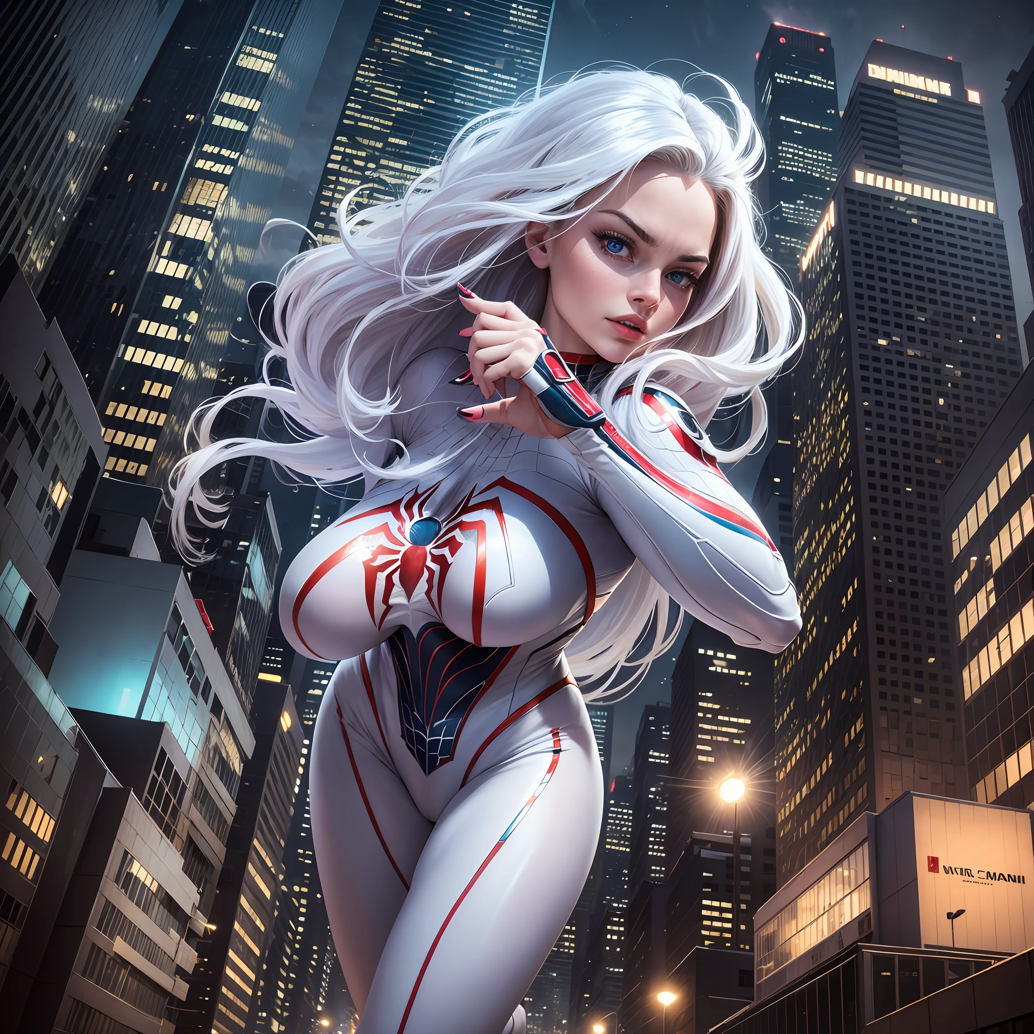 Margot Robbie (Masterpiece, 4k resolution, ultra-realistic, very detailed), (White superhero theme, charismatic, there's a girl at the top of town, wearing Spider-Man costume, she's a superhero), [ (25 years), (long white hair:1.2), full body, (blue eyes:1.2), ((Spider-Man pose),show of strength, jumping from one building to another), ((sandy urban environment):0.8)| (cityscape, at night, dynamic lights), (full moon))] --auto --s2