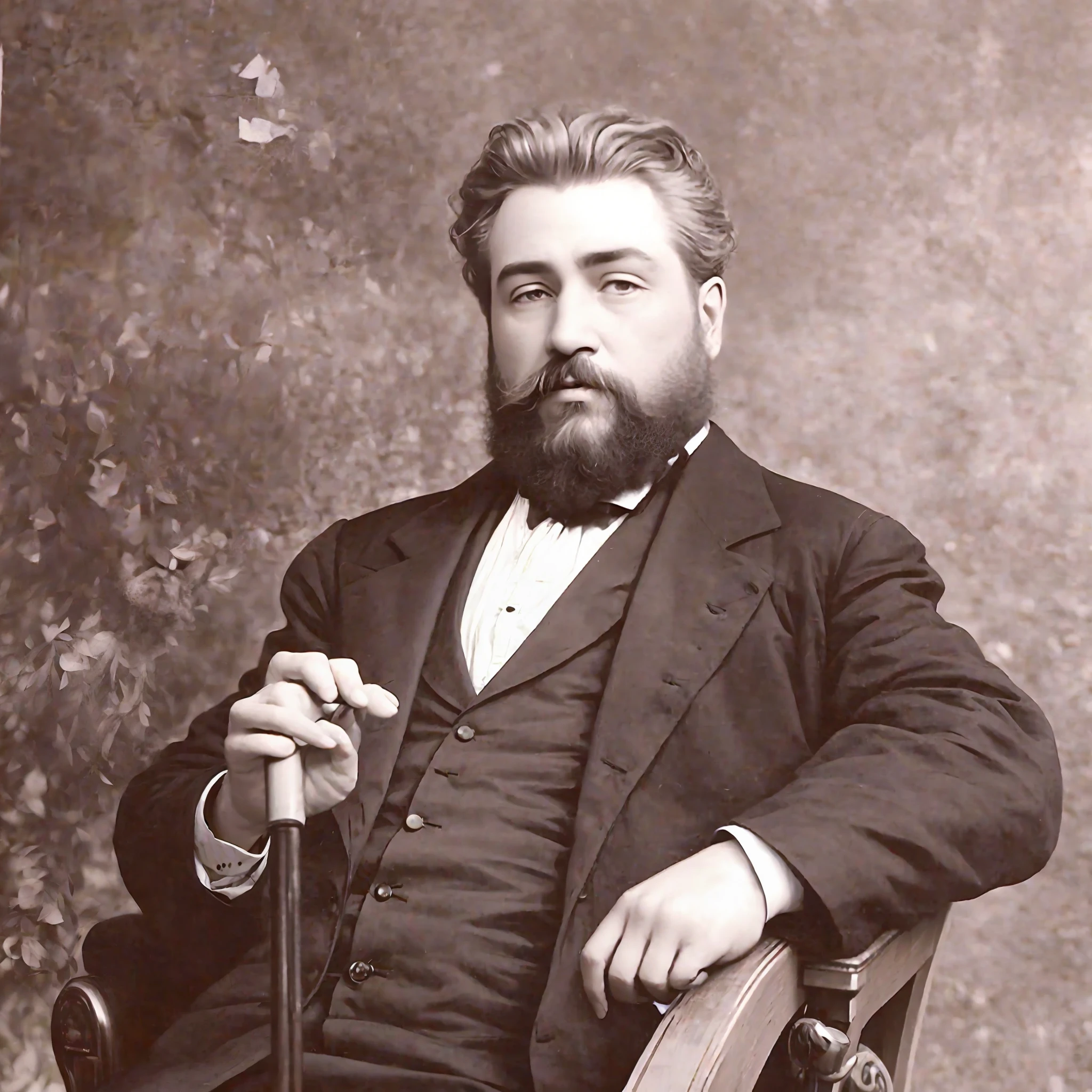 Arafed man with beard and cane sitting in a chair, Gustav Moreau, Ivan Shiskin, handsome man, Konstantin Porubov, (Jean Jules Linden), Anton Semonov, Vladimir Kristeyskiy, Rudolf Belarski, Ivan Aivakovski, f, Czeslaw Znamierowski, Charles Haddon Spurgeon, ultra realistic, sharp colors,8k, real colors, details in the eyes and clothes