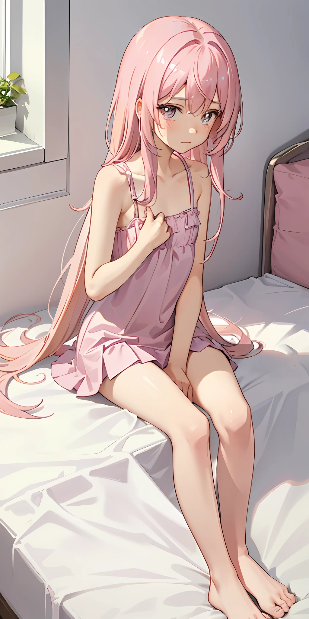 Pink hair 1.3, li, flat chest 0.9, sitting on the bed, cross-legged, crying, hands wiping tears