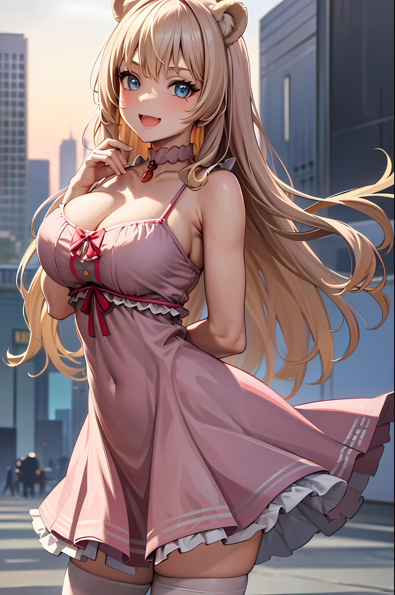 (leaning over:1.4), (masterpiece:1.2, best quality), (real picture, intricate details), 1girl, solo, absurdres, cowboy shot, standing, outdoors, :3, smile, bear girl, bear ears, ((light pink dress)), frills, very detailed dress, white thighhighs, platinum blonde hair, gray blue eyes, long hair, ((red strawberry choker)), smile, open mouth, one fang, large breasts, cleavage, sleeveless dress, arms behind back,