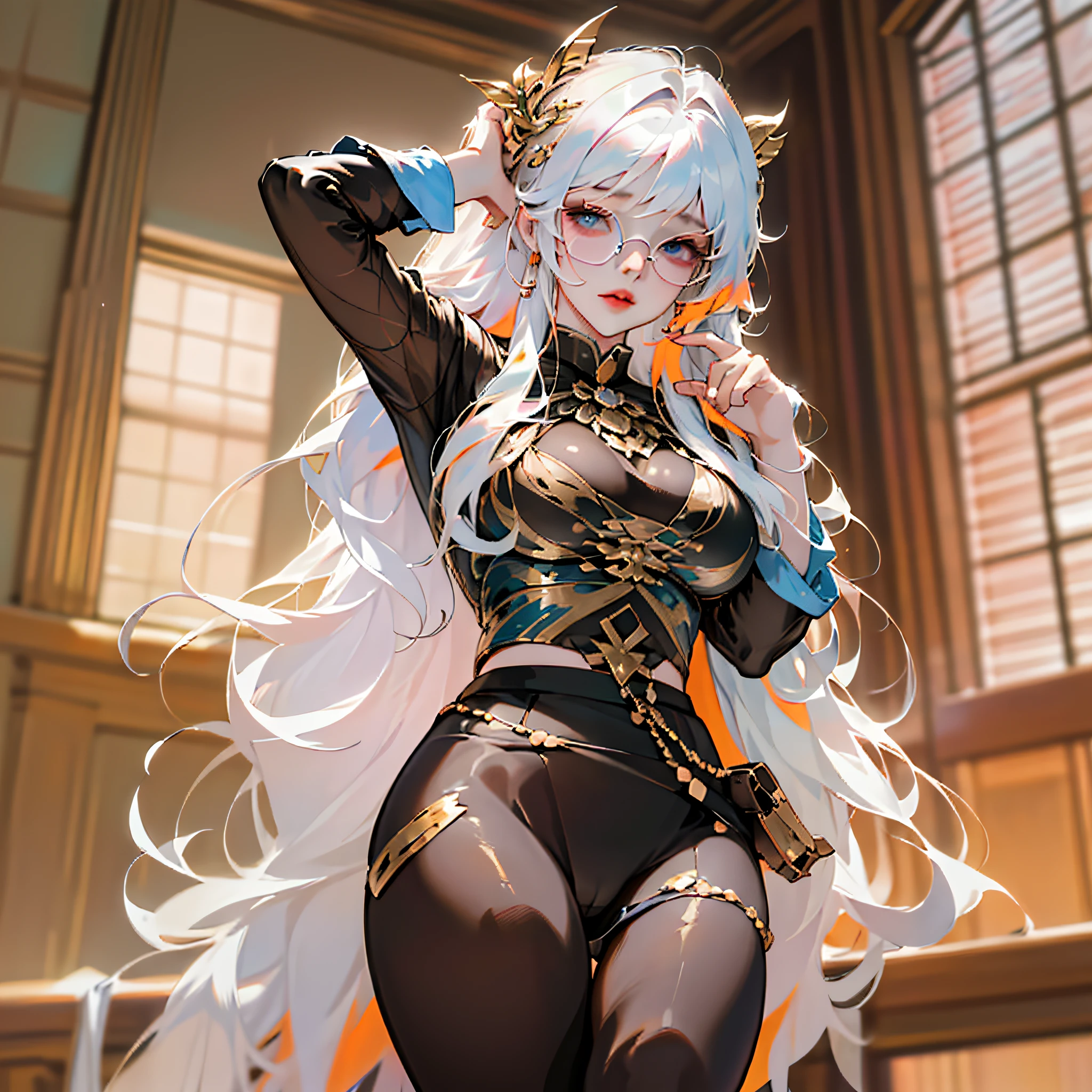 ulzzang-6500-v1.1, (raw photo:1.2), (photorealistic:1.4), beautiful detailed girl, very detailed eyes and face, beautiful detailed eyes, , incredibly ridiculous, huge file size, super detailed, high resolution, very detailed, best quality, masterpiece, ((colorful fashion clothing)), illustration, very detailed, CG, unified, 8k wallpaper, amazing, fine detail, masterpiece, Best quality, very detailed CG uniform 8k wallpaper, face light, movie lighting, 1girl, s old, long white hair, side split, (big breasts), (no panties)), (with glasses), ((dynamic pose))), (sexy pose))), (camel toe), (half), (pantyhose)), ((black hip skirt)) --auto --s2