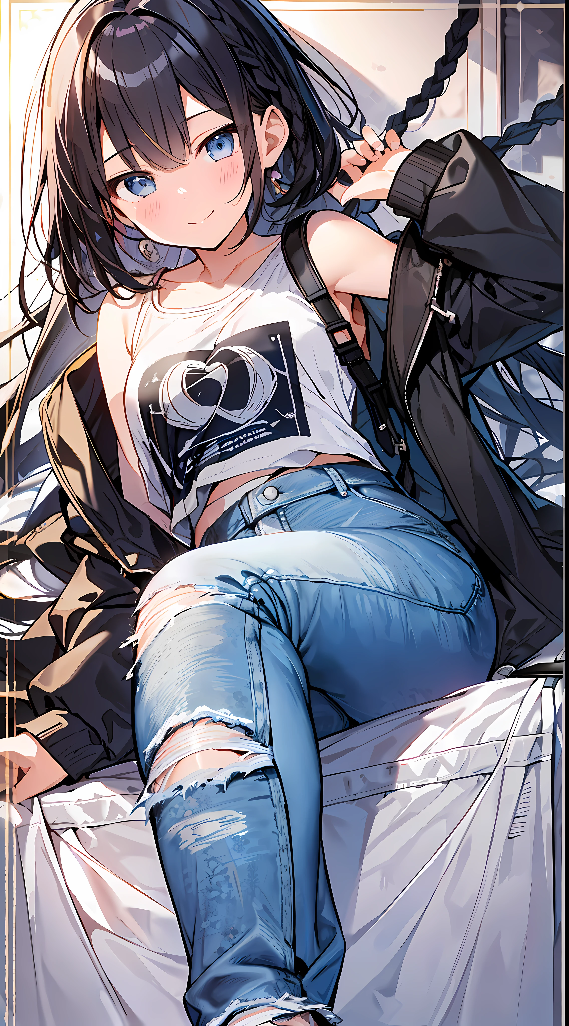 (Incredibly Absurdres Absolutely Resolution: 1.5), Top Quality, Masterpiece, Ultra High Resolution, 8k, Sun, (Oversized Denim Jacket, Symbol Print T-Shirt, Pants), Shoujo Manga Style, , Mini Character, SD Chara, Soft Line Art, Denim Digital Enhancement, Shojo Manga Touch, Shoujo Manga Core, (((Hair length to shoulder)))), (Short braid))), soft drawing, beautiful black hair, clear eyes, (((gentle smile))), ultra-detailed digital anime art, clear face depiction, ultra-detailed shoujo manga character art, clear facial features, manga style, top quality colors, foot-up viewing angle, entangle, beautiful and aesthetic:1.5、High quality:1.3
