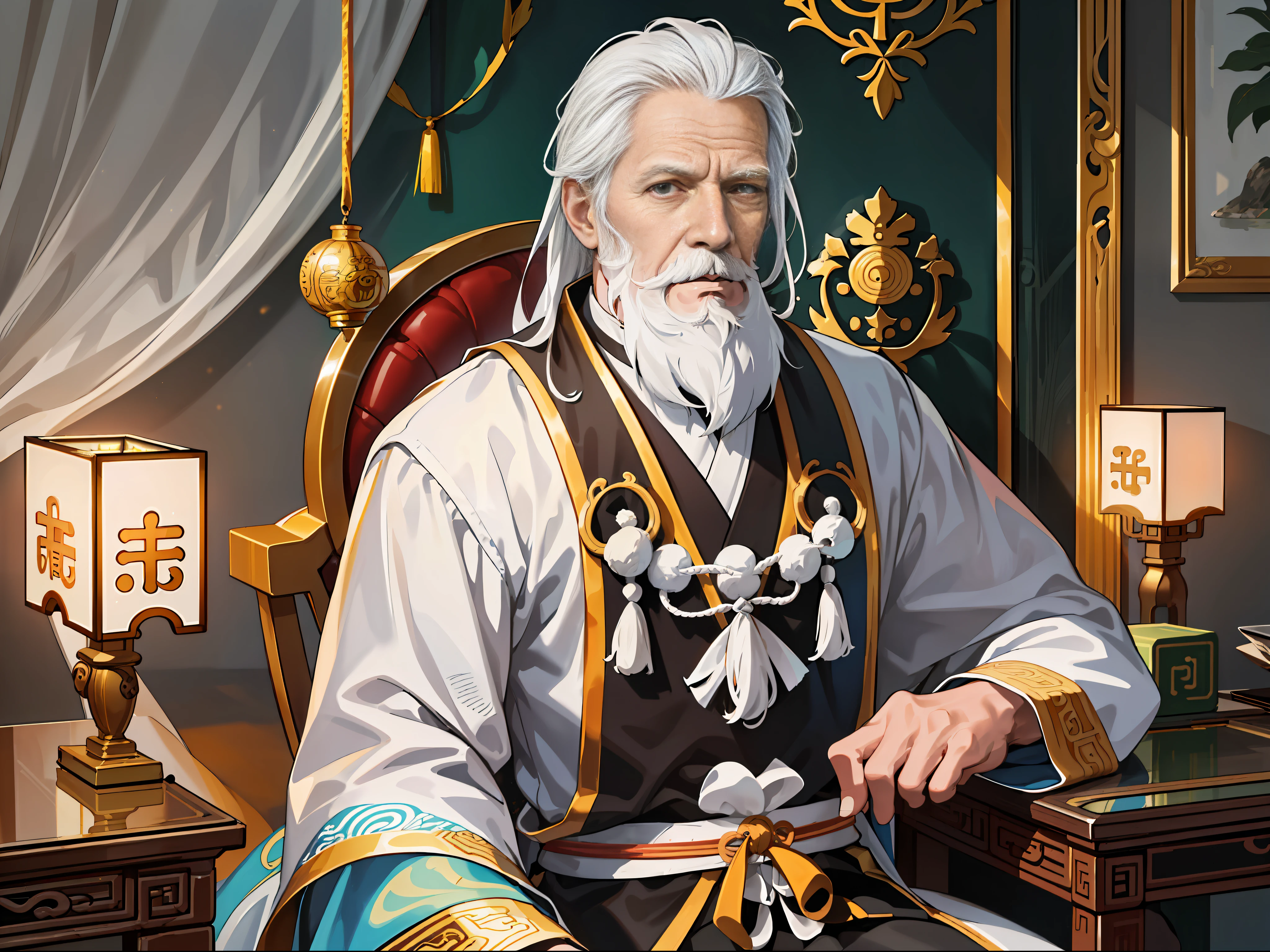 (ridiculous, high resolution, super detailed, realistic,), 1 man, 60 years old, wrinkled, white hair, white beard, long beard thin and thin, Taoist priest, Taoist priest costume, unhappy, sitting on a chair, Tang dynasty style, super high resolution, 8K, clear face, black bright eyes