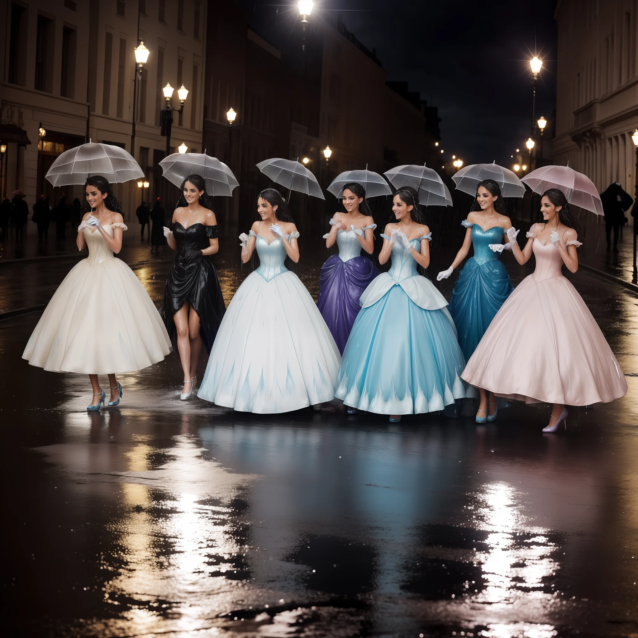 a group of beautiful princesses, dressed for a royal ball (ballgowns, long gloves, tiaras), dancing in the street at night in the rain, splashing in puddles, wet hair, wet dresses (((drenched))) (((soaked))) (((dishevelled))) (((clinging)))