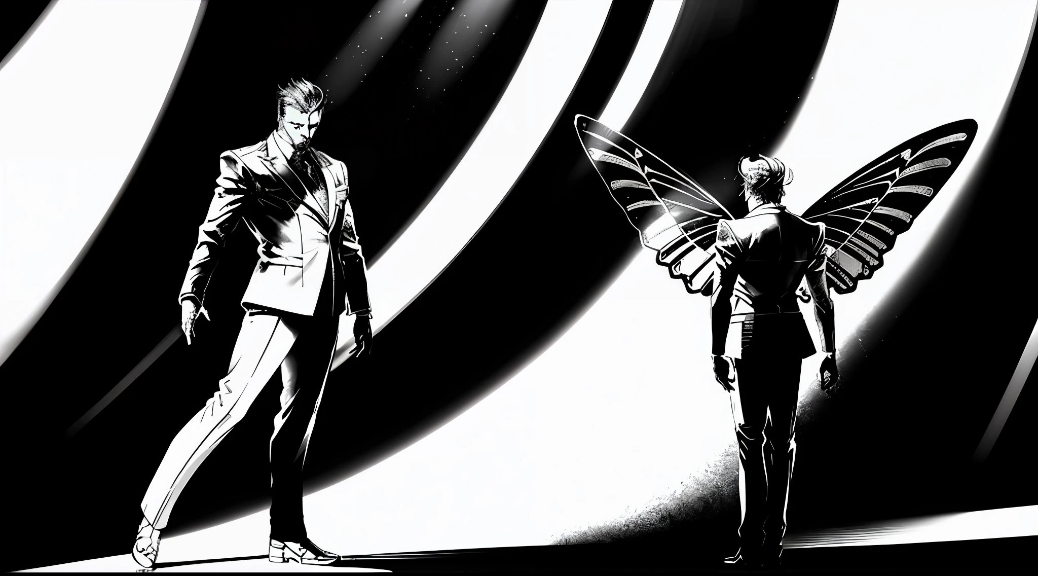 Vitor Fadul stands at the top of the staircase, His majestic butterfly wings, outlined with shimmering light dressed in a superstar outfit inspired by Elvis Presley with a contemporary twist bathed in a spotlight that casts a dramatic silhouette against a darkened backdrop. His majestic butterfly wings, outlined with shimmering light, symbolize his artistic liberation and growth. As Vitor passionately sings the empowering chorus, his voice fills the air with intensity and determination. The scene is rendered in a three-dimensional sculpture, capturing the intricate details of Vitor's performance and evoking a sense of depth and presence. Sculpture, utilizing lighting techniques to enhance the dramatic effect, --ar 16:9 --v 5 greyscale, monochrome, ((masterpiece))