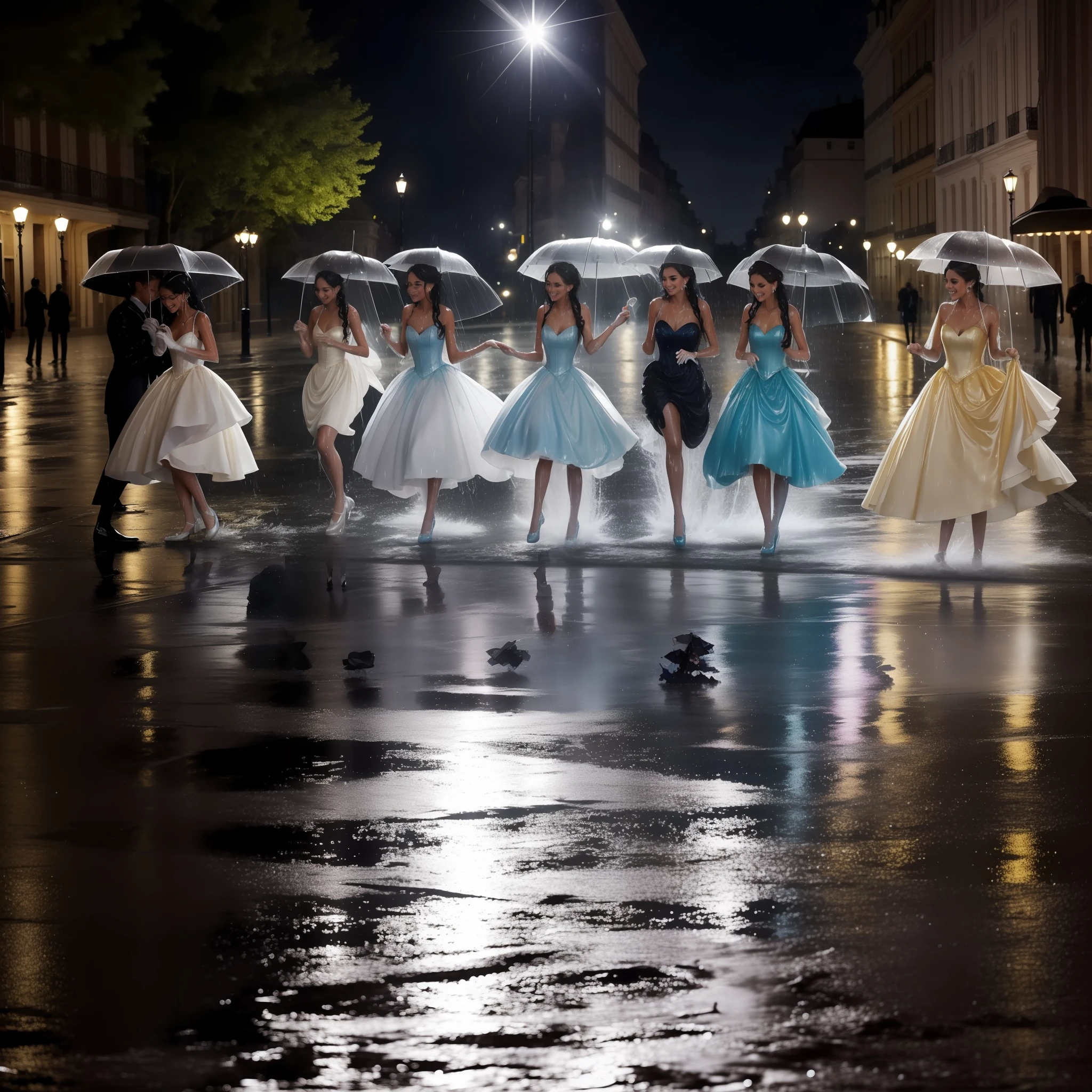 a group of beautiful princesses, dressed for a royal ball (ballgowns, long gloves, tiaras), dancing in the street at night in the rain, splashing in puddles, wet hair, wet dresses (((drenched))) (((soaked))) (((dishevelled))) (((clinging)))