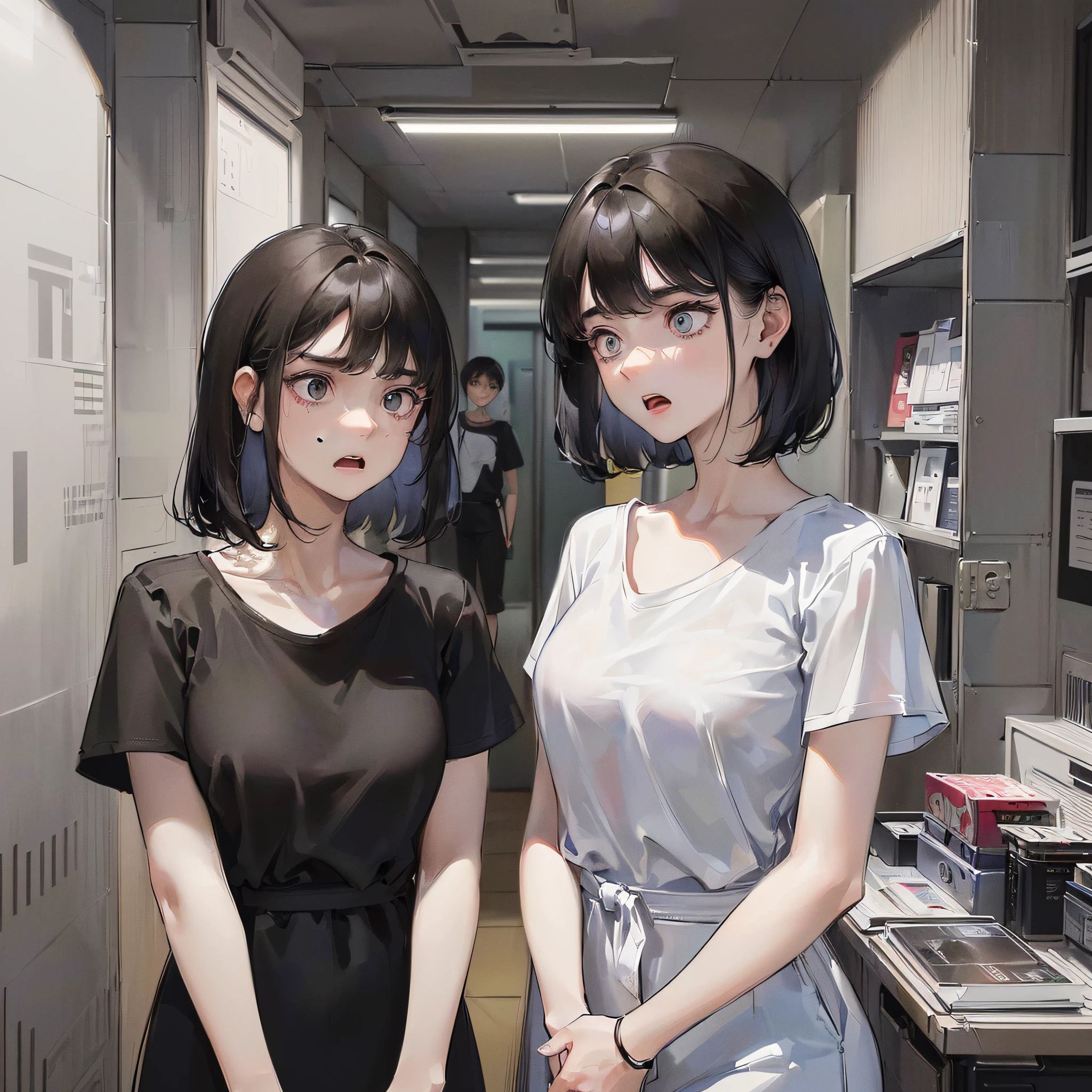 (A 50-year-old woman with short black hair wearing white short sleeves and a 20-year-old girl with long black hair wearing white short sleeves stand together; 1.5）
(Holding a box in his hand; 1.7）
(Stand downstairs; 1.6）
(expression surprised; 1.5）