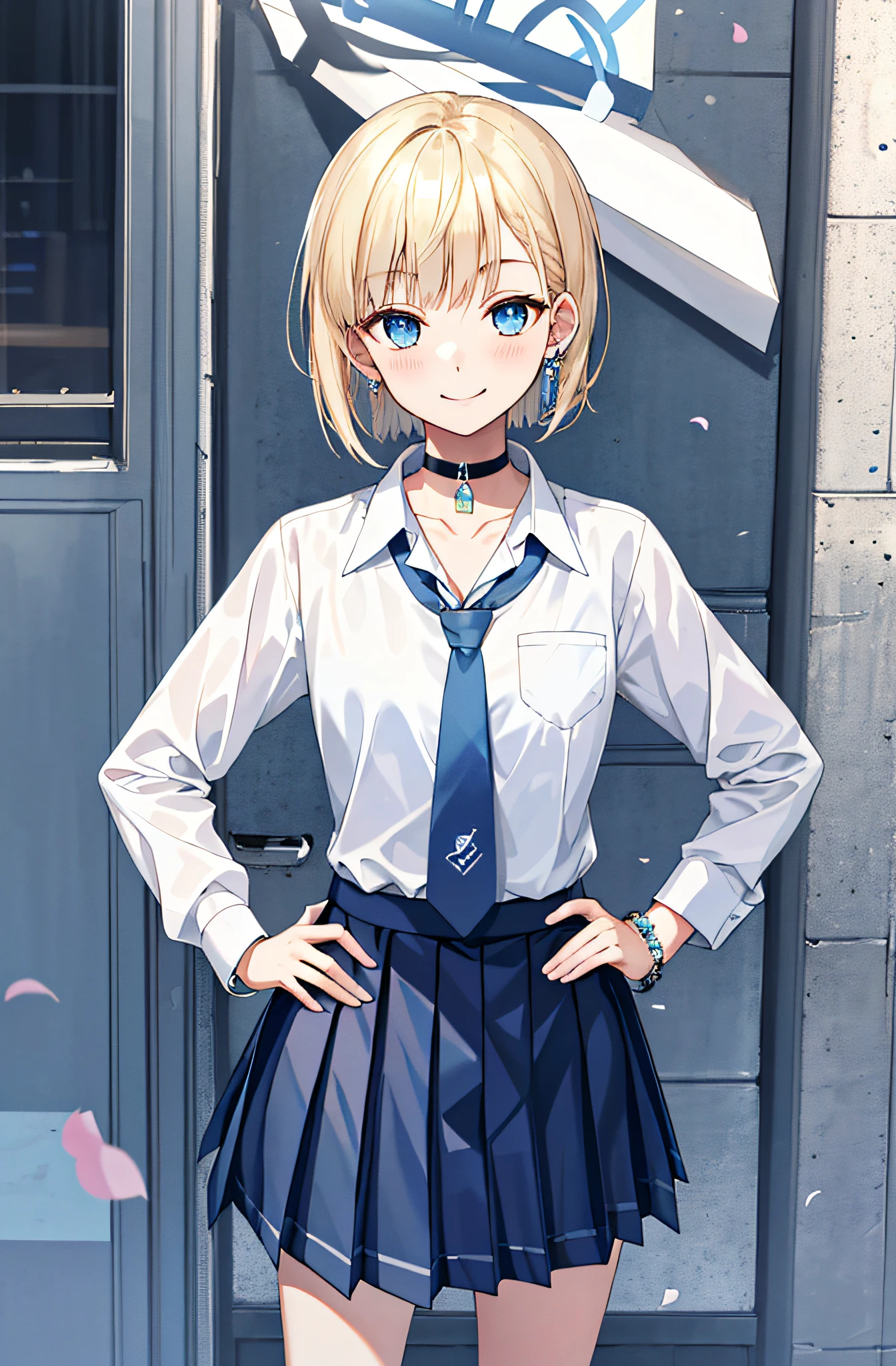 masterpiece, top quality, salute, hands on the hips, whole body,
1 girl, bangs, black choker, black tie, blonde hair, blue skirt, blush, bracelet, chest, choker, waist clothing, collarbone, collared shirt, cowboy shot, dress shirt,eyebrows visible through hair,light smile, gal, jewelry, kogal, look at viewer, loose blue tie,blue tie,plaid skirt, pleated skirt, blue eyes, uniform, shirt, skirt, smile, solo, white shirt,
street, sky, cherry, petal,