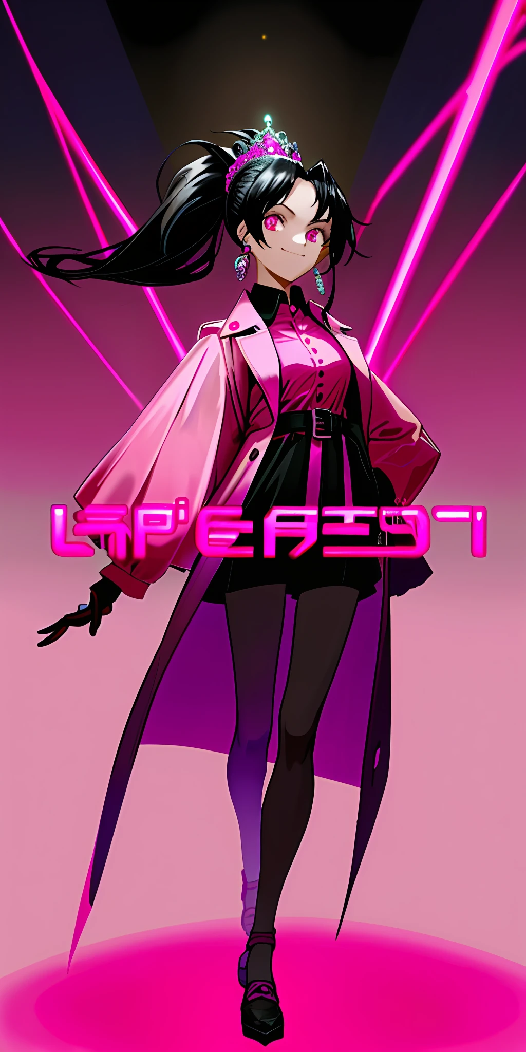 (Masterpiece, best quality), a cybergirl Black hair Partial pink tiara Single earring Pink trench coat Pink lining reveals Shirt Pink eyes Single ponytail Low ponytail Smile Full body like shorts Apocalypse Dreamy lighting