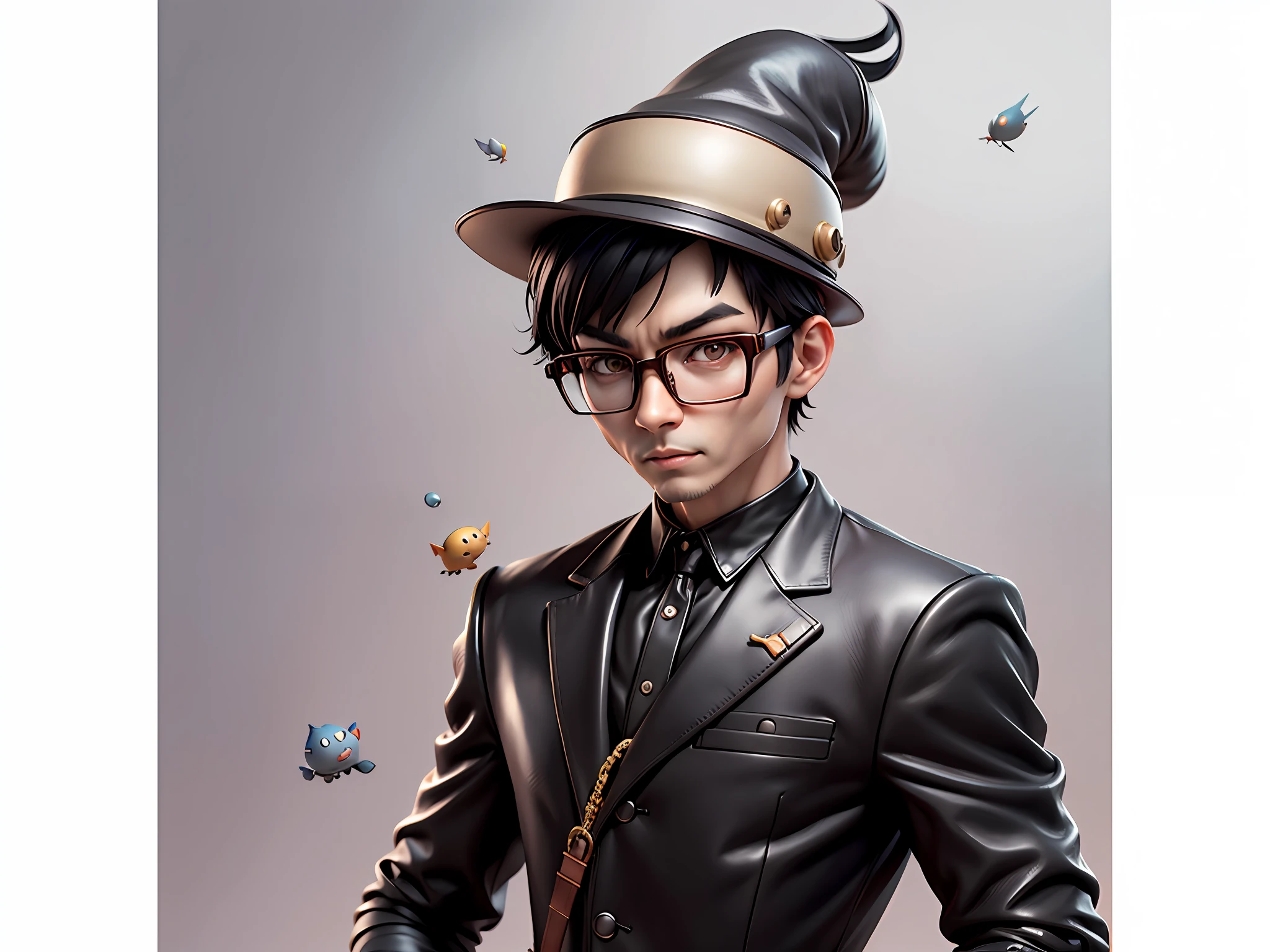 Young man with oriental face in leather hat, tiger, oriental face in formal suit, short black hair, silver glasses, digital painting, 3D character design by Mark Clairedon and Pixar and Hayao Miyazaki and Akira Toriyama, the illustration is a high-definition illustration in 4K resolution with very detailed facial features and cartoon-style visuals.
