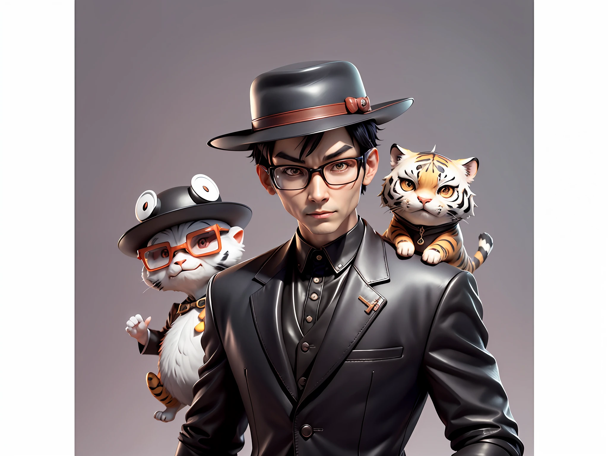 Young man with oriental face in leather hat, tiger, oriental face in formal suit, short black hair, silver glasses, digital painting, 3D character design by Mark Clairedon and Pixar and Hayao Miyazaki and Akira Toriyama, the illustration is a high-definition illustration in 4K resolution with very detailed facial features and cartoon-style visuals.